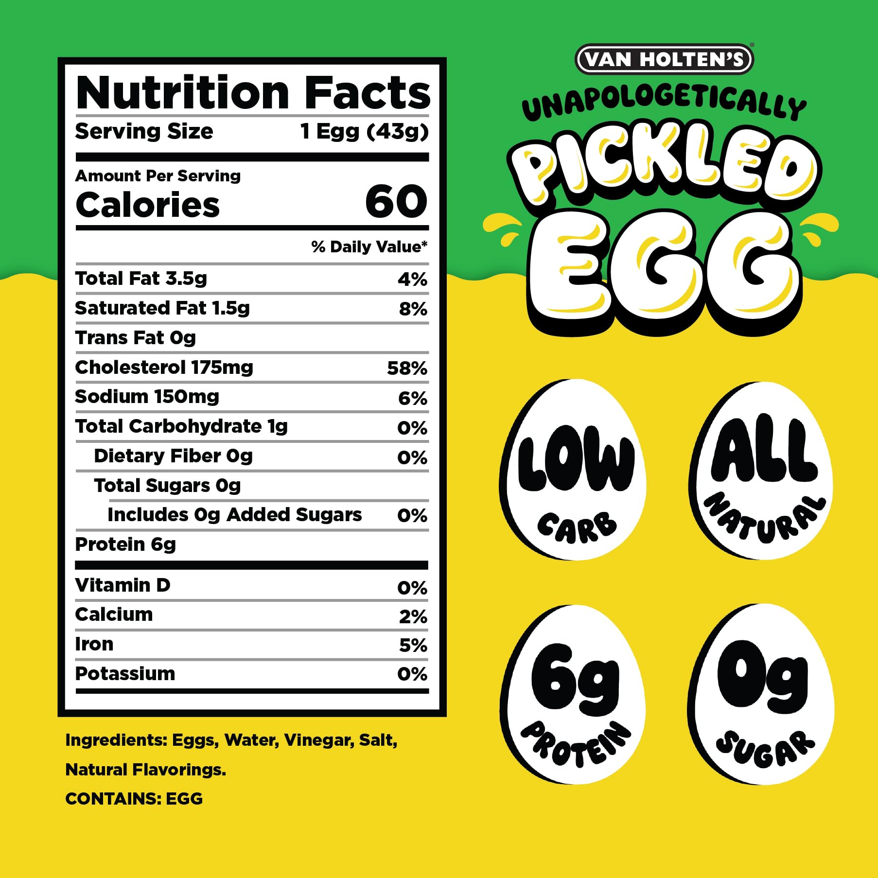 VAN HOLTEN’S - Unapologetically Pickled Egg - Ready-to-Eat Pickled Egg Snack - Tangy Savory Protein Snack - Low Carb, All Natural, Zero Sugar