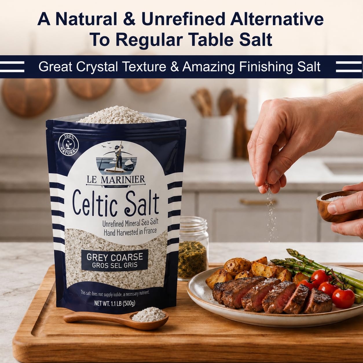 Le Marinier Celtic Salt Organic Grey Coarse, 5lb. Mineral Rich 100% Natural and Unrefined French Sea Salt Organic. Hand Harvested Mineral Sea Salt