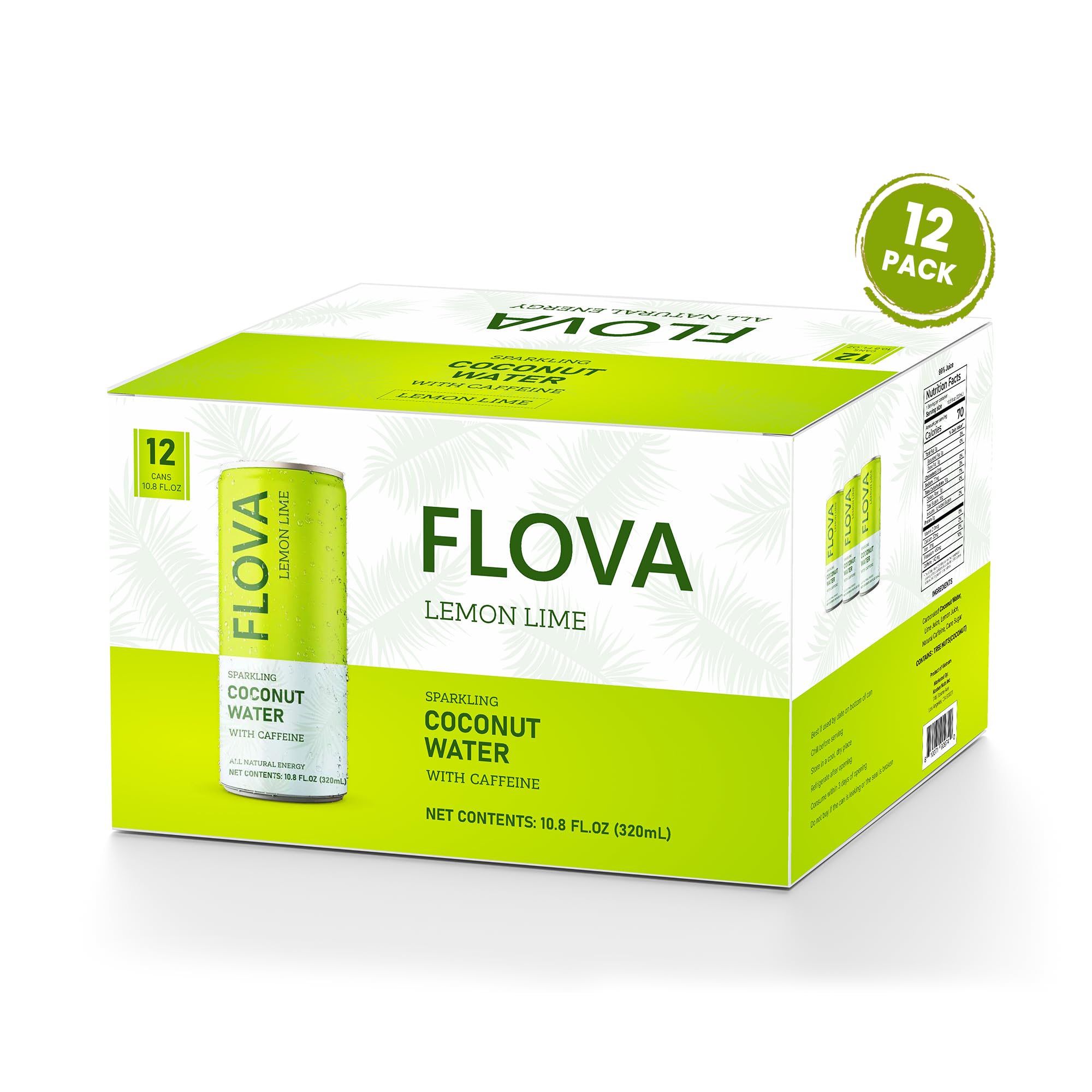 Flova Lemon Lime Energy Drink, All Natural, Electrolytes and Minerals from Coconut Water, 4 Simple Easy to Pronounce Ingredients, 99% Juice, Pack