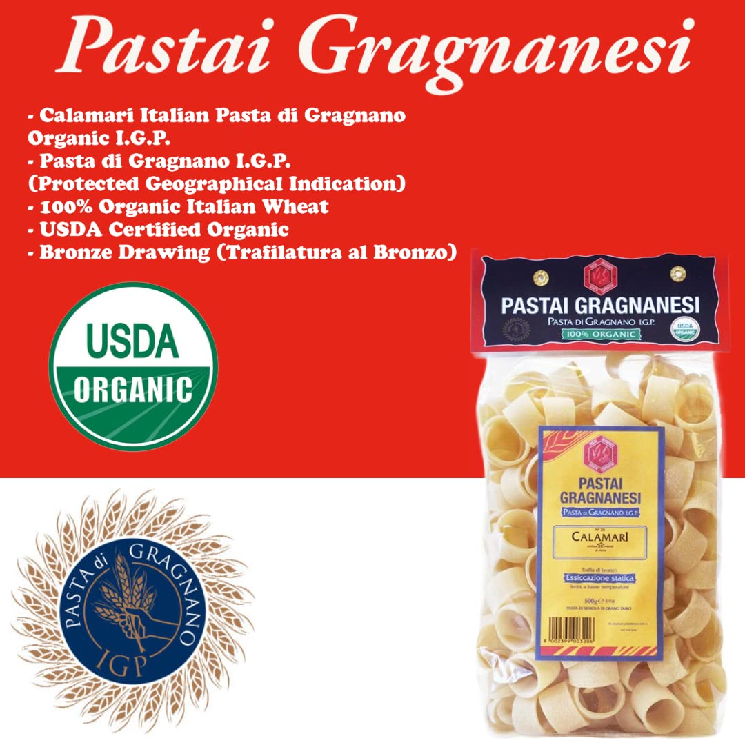 Calamari Organic Italian Pasta di Gragnano I.G.P. | Pastai Gragnanesi | USDA Certified Organic| 17.6oz (500g) | Pack of 4