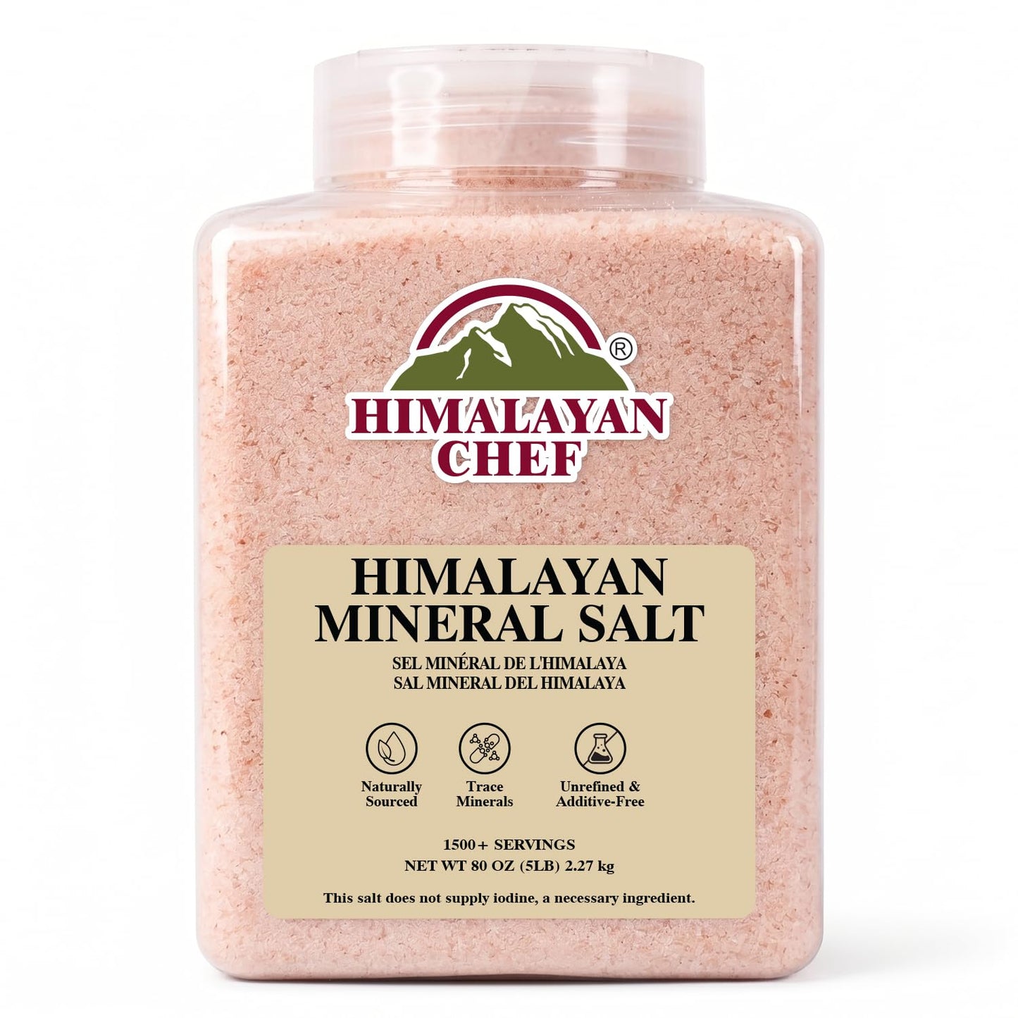 Himalayan Chef Mineral Salt, 5 lbs Plastic Jar - Natural Food Grade Salt for Cooking, Fine Grain, Bulk Kitchen Salt for Daily Use