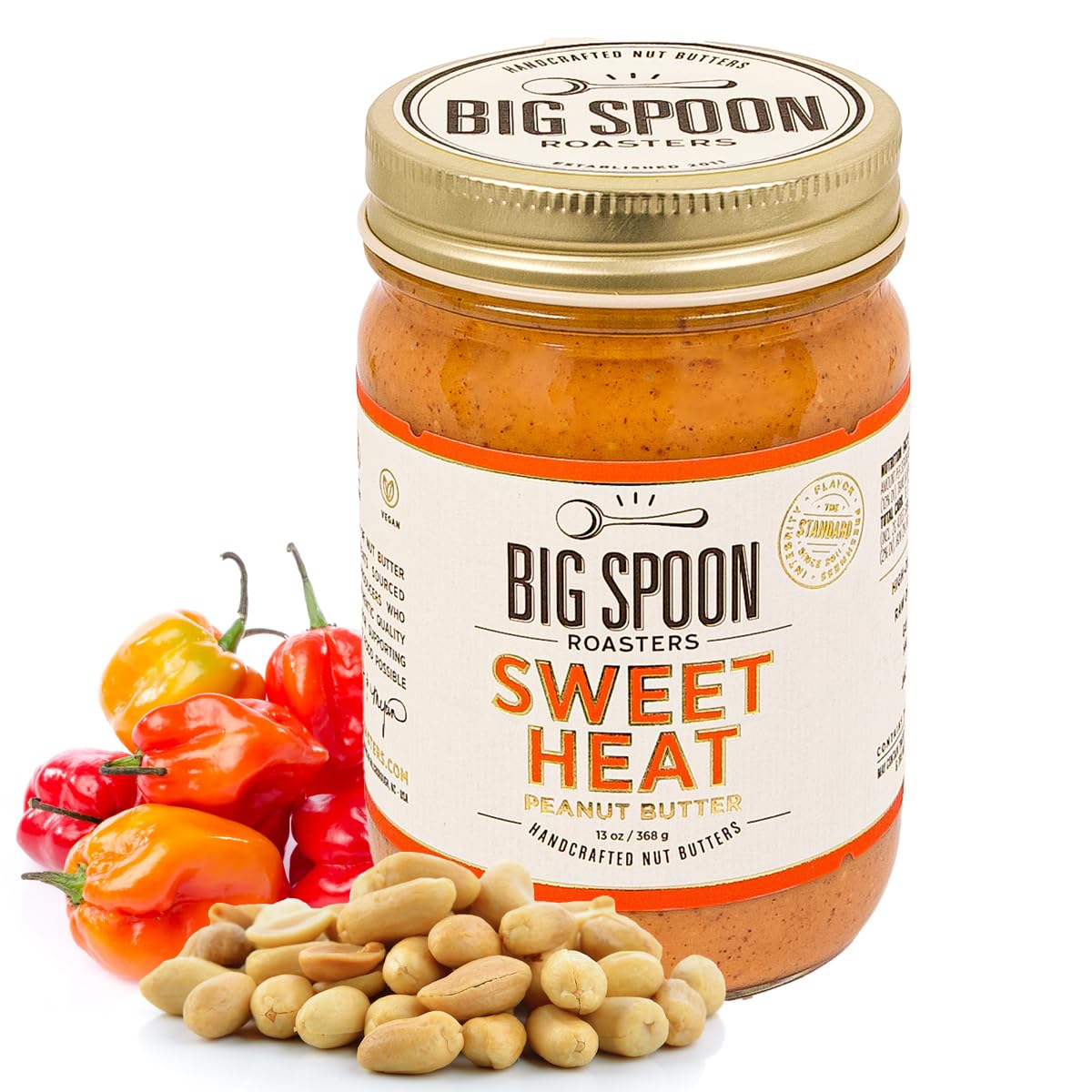 Big Spoon Roasters Sweet Heat Peanut Butter w/Habanero Chiles & Sea Salt - Low Sugar, Sweet & Spicy, Creamy Peanut Butter - Keto, Palm Free, & Vegan