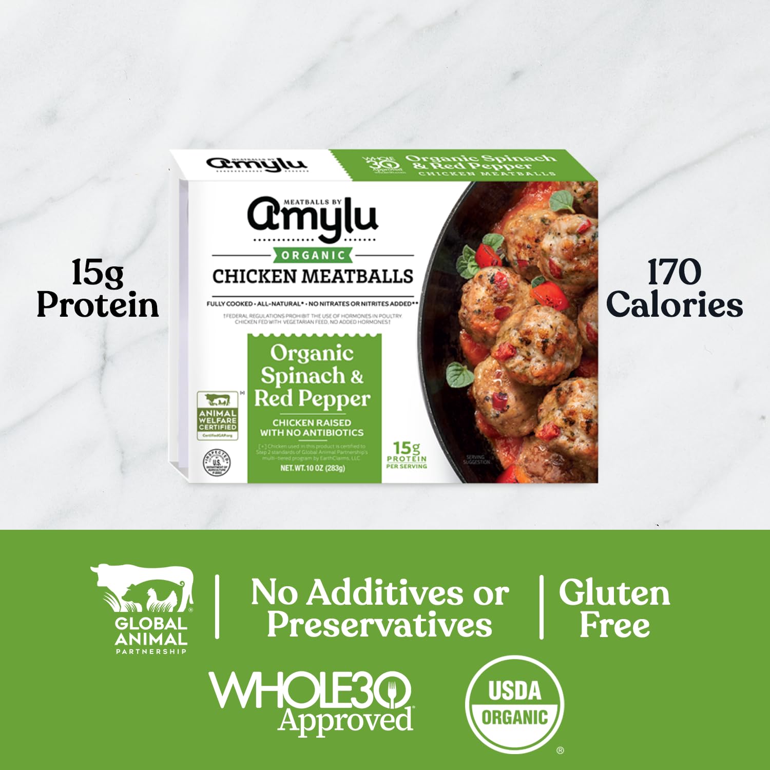 Amylu Foods Organic Spinach & Red Pepper Chicken Meatballs, Natural Ingredients, 15g of Protein, Chicken Raised with No Antibiotics, Fully Cooked