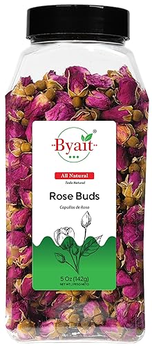 Byait Freeze Dried Rose Buds 5 Oz, Approx. 320 Whole Buds, Natural Edible Culinary Grade, Caffeine-Free Herbal Rose Flower Tea, Great for Beverages