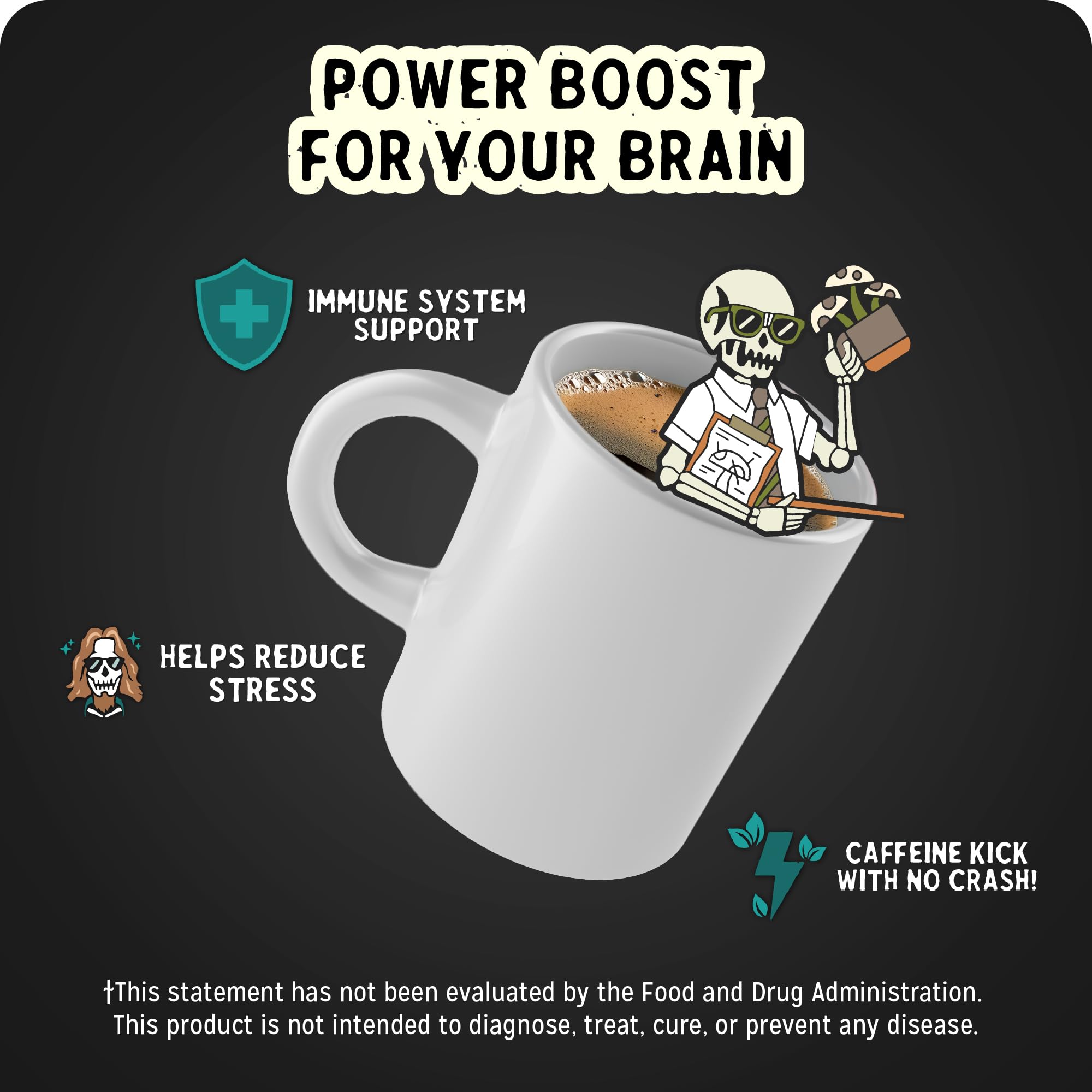 Bones Coffee Company Better Brain Mushroom Coffee - Medium Roast Low Acid Arabica Beans - Ground Coffee - Reishi, Chaga, Lion's Mane, Cordyceps