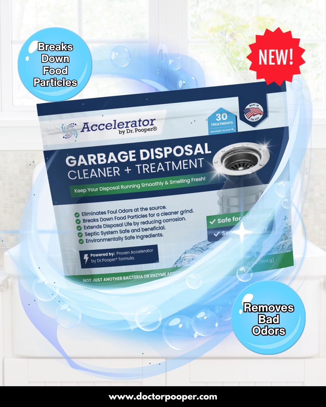 Accelerator by Dr. Pooper Garbage Disposal Cleaner and Treatment Eliminates Odors, Breaks Down Food Particles, Extends Disposal Life Non-Toxic, Septic