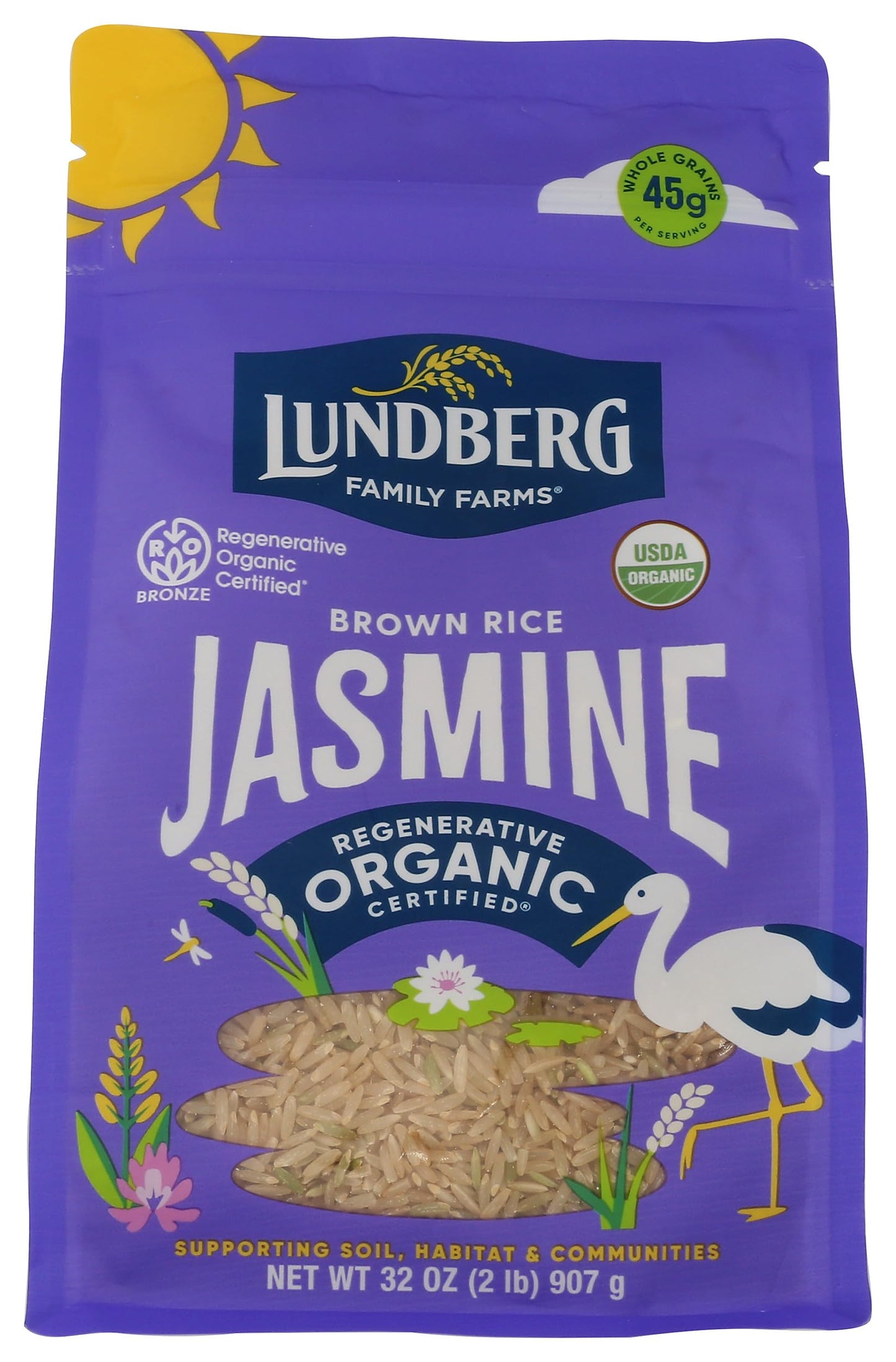 Lundberg Organic Jasmine Brown Rice - Long-Grain, Fluffy & Aromatic, Responsibly Grown in California, 32 Oz