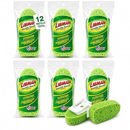 Libman 1131 Gentle Touch Dish Wand Refills, Non-Scratch Cellulose Sponge Heads with Scraper, Fits Libman #1130 Foaming Dish Wand, Made in USA, 12