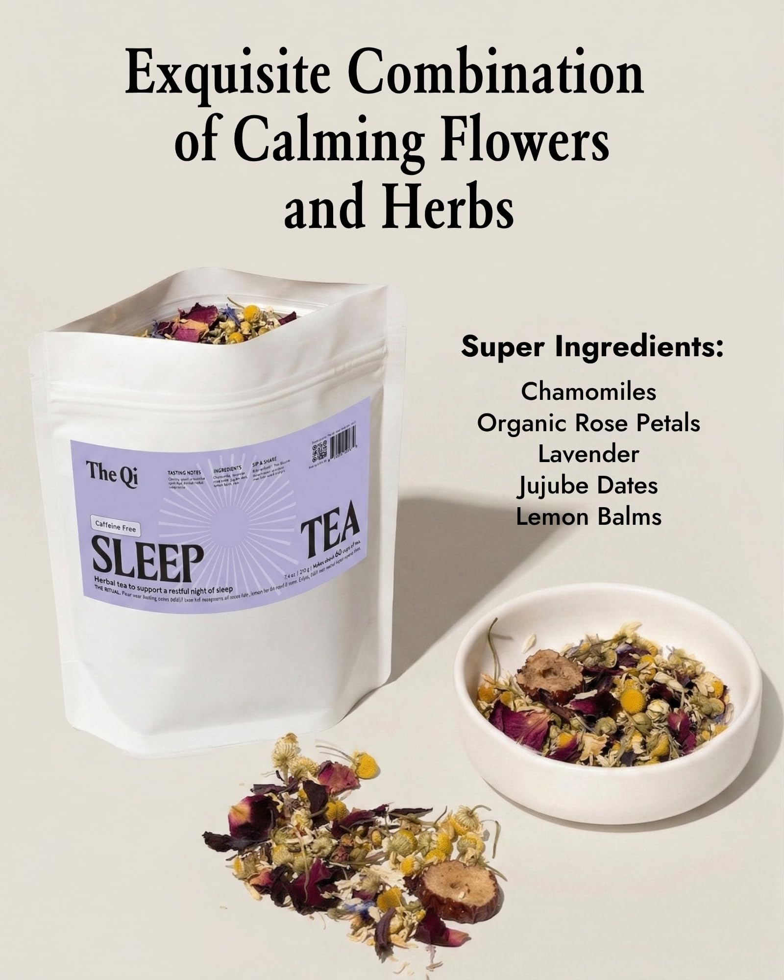 The-Qi Sleep Herbal Tea - 100% All Natural Whole Dried Flowers & Herbs Tea for Calm & Relaxation - Chamomile, Rose Petals, Lavender, Jujube Dates