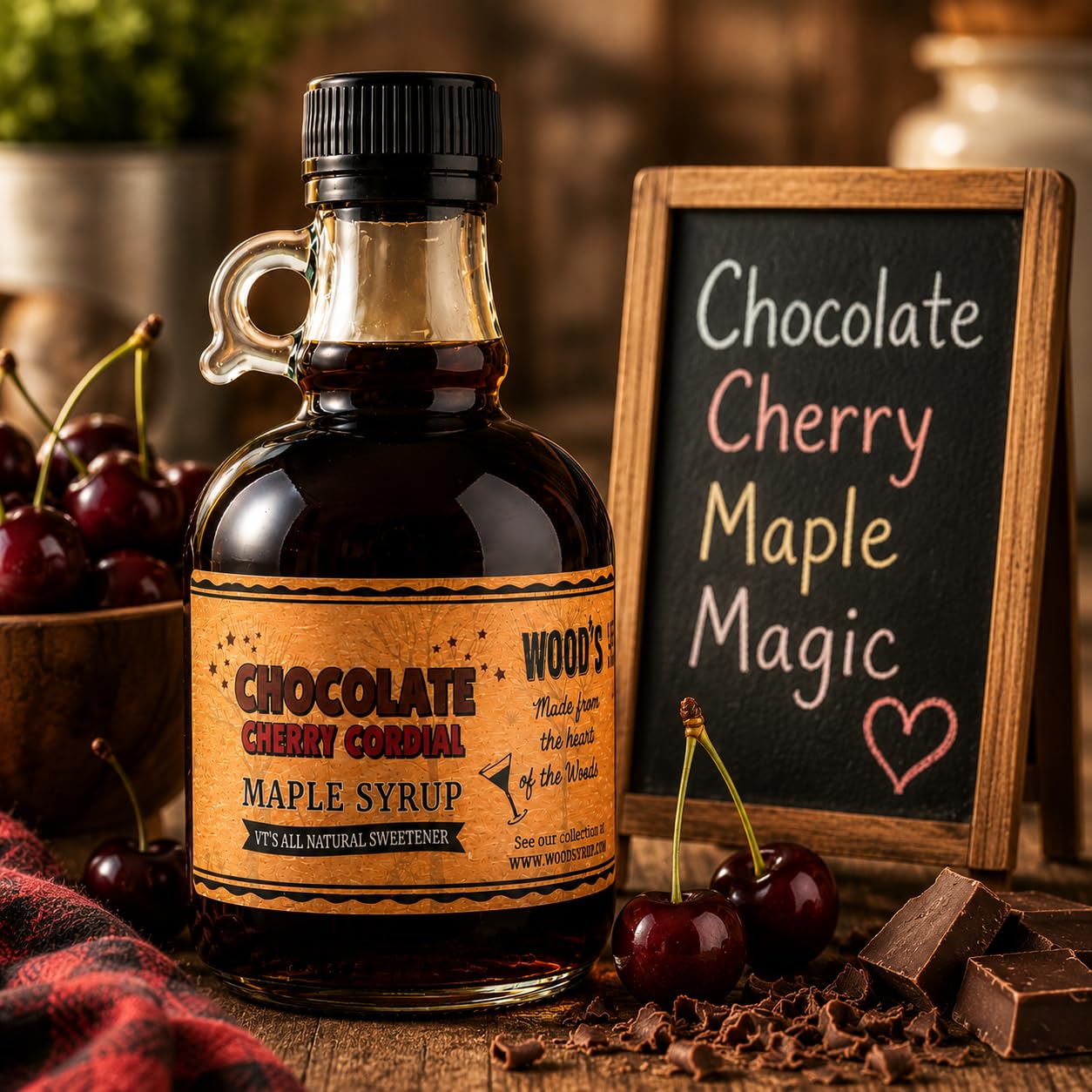 WOOD'S Chocolate Cherry Cordial Infused Maple Syrup - Decadent Vermont Maple Syrup with Dark Cocoa & Succulent Cherries | Small-Batch, All-Natural