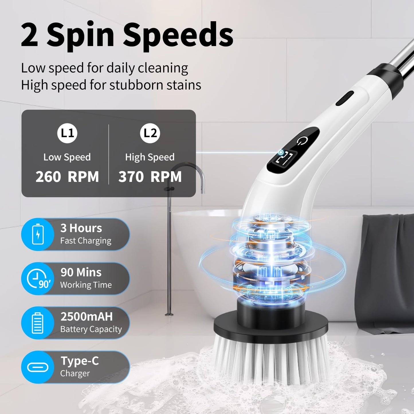 GOXAWEE Electric Spin Scrubber, Cordless Cleaning Brush with 8 Replaceable Brush Heads, Power Shower Scrubber with Long Handle for Bathroom, Tub