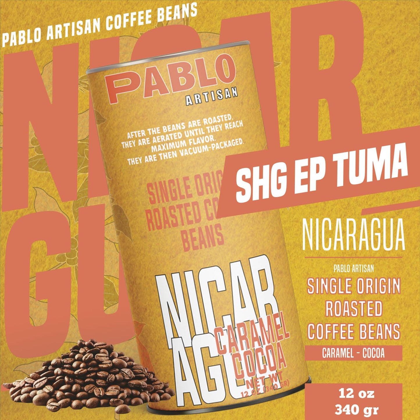 Pablo Artisan Nicaragua SHG EP Tuma Single Origin Coffee Beans - Medium Roast Whole Bean Coffee, 100% Arabica Espresso Beans, Notes of Cocoa, Caramel