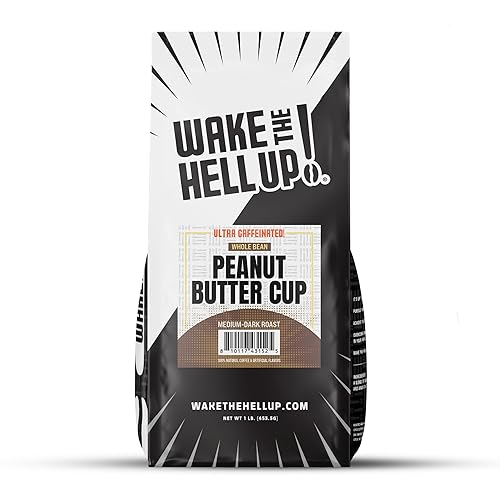 Wake The Hell Up! 1lb Ultra-Caffeinated Peanut Butter Cup Whole Bean Coffee, Low Acid, Medium-Dark Roast