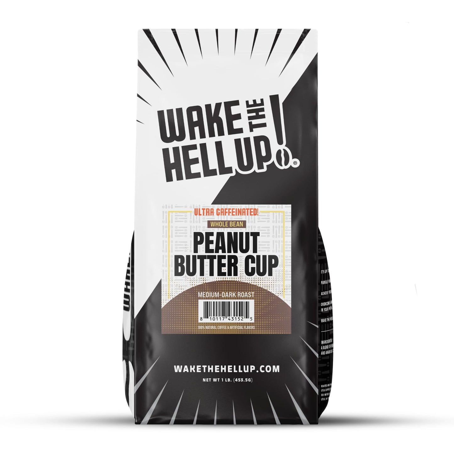 Wake The Hell Up! 1lb Ultra-Caffeinated Peanut Butter Cup Whole Bean Coffee, Low Acid, Medium-Dark Roast