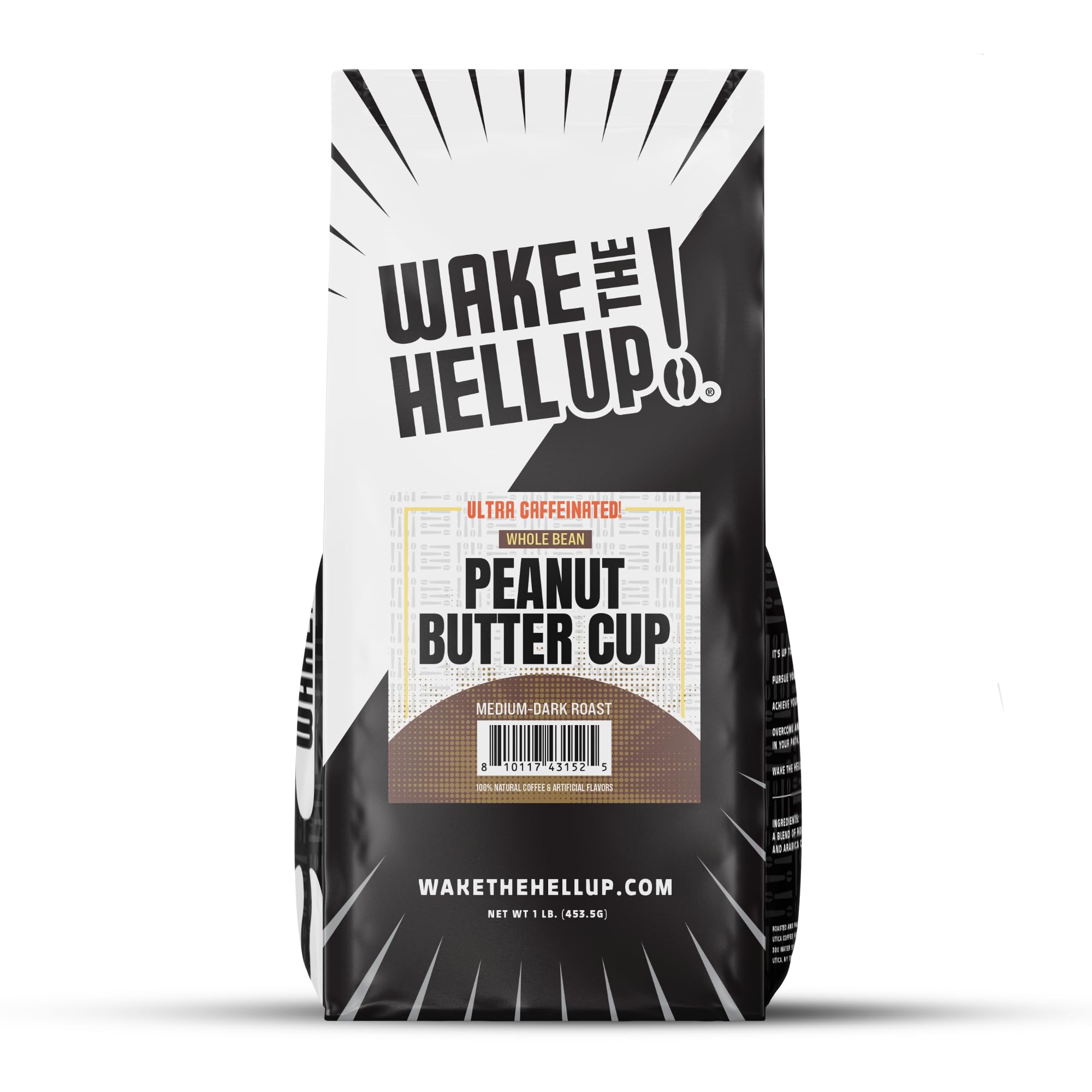 Wake The Hell Up! 1lb Ultra-Caffeinated Peanut Butter Cup Whole Bean Coffee, Low Acid, Medium-Dark Roast