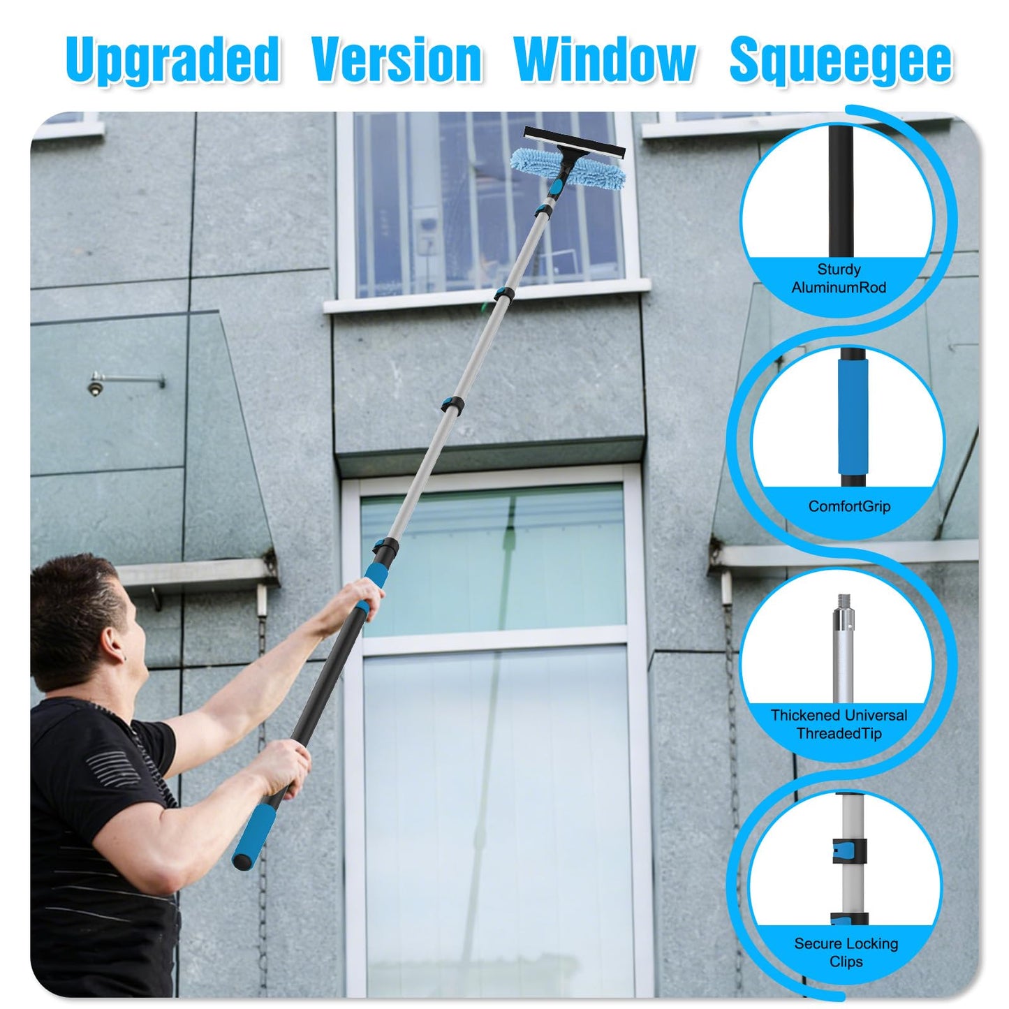 25FT Reach Window Squeegee Kit with Extension Pole, 2-in-1 Professional Washer for High Windows, 5-20FT Adjustable Reach, Rotatable Head for Indoor