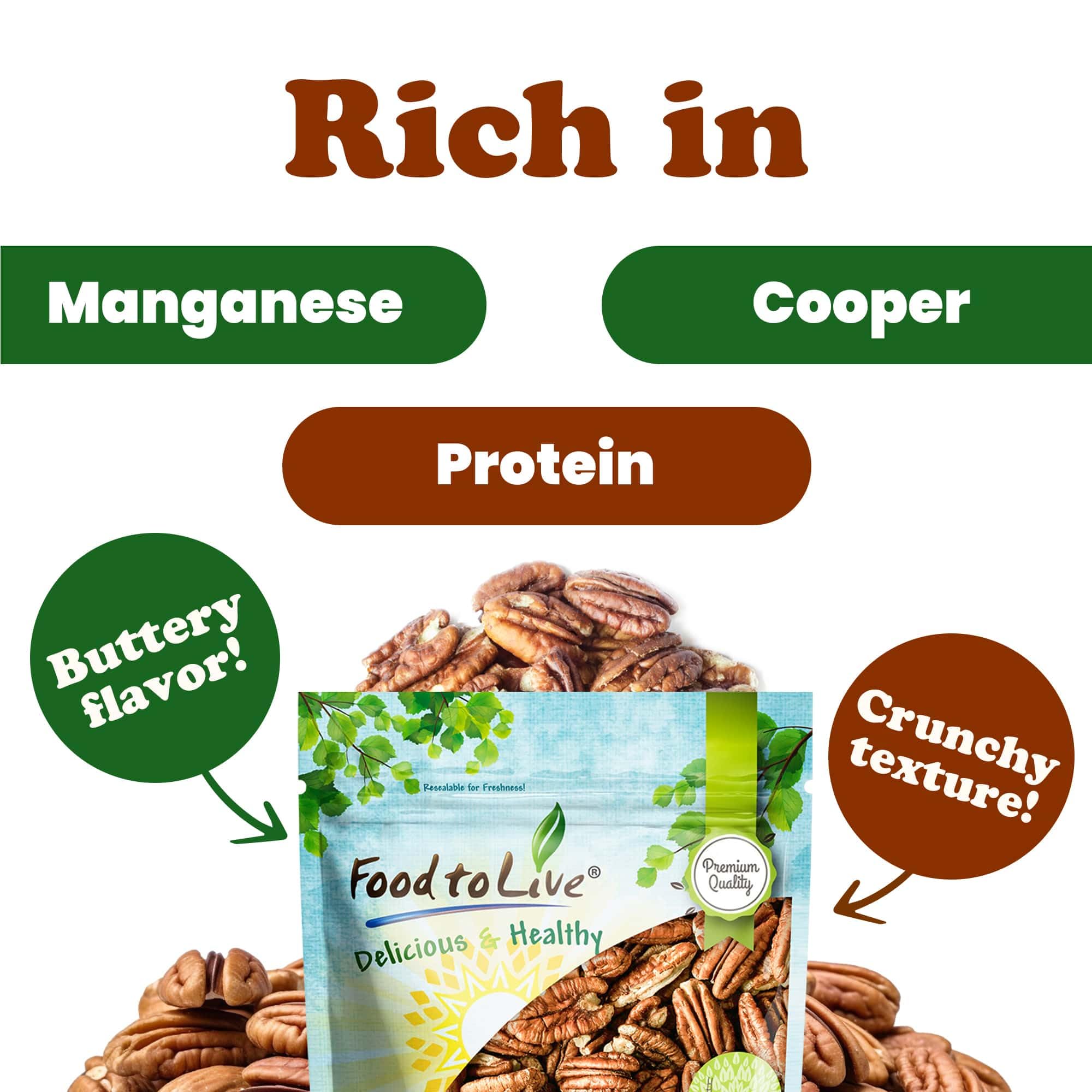 Food to Live - Pecan Halves, 1.5 Pounds Raw Pecan Nuts, Large Size, Unsalted, Unsweetened, Vegan, Kosher, Shelled, Bulk. Good source of Magnesium