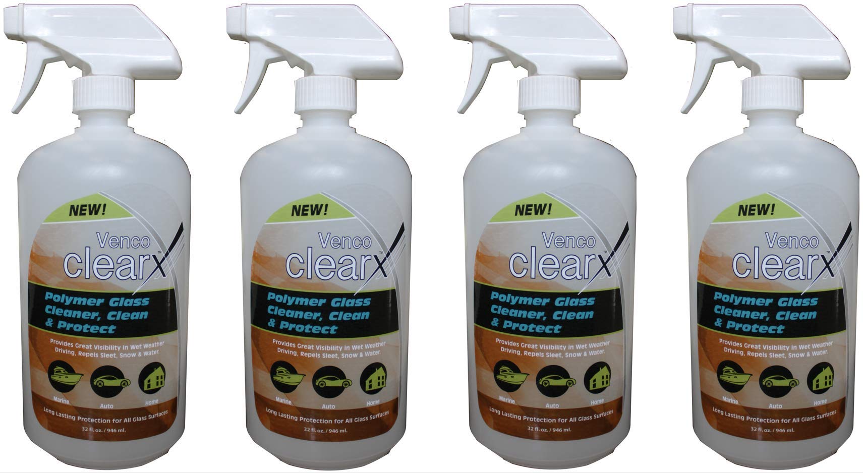 Venco Clear X - Polymer Glass Cleaner, Cleans and Protect (32oz Bottles, 4 pack - 1Gl per Box)