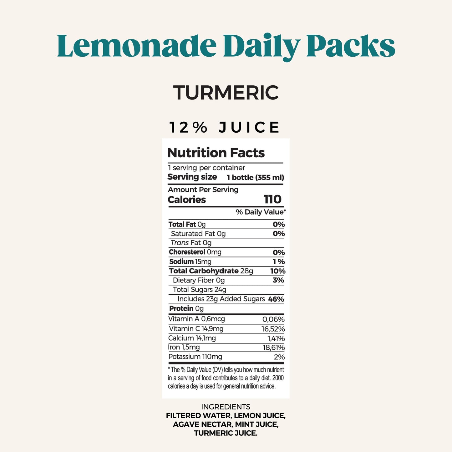 PUR Cold-Pressed Juices - Lemonade Daily Packs - 18 Bottles of Natural Lemonade with Turmeric and Agave - Hydrating & Refreshing Beverage Drink