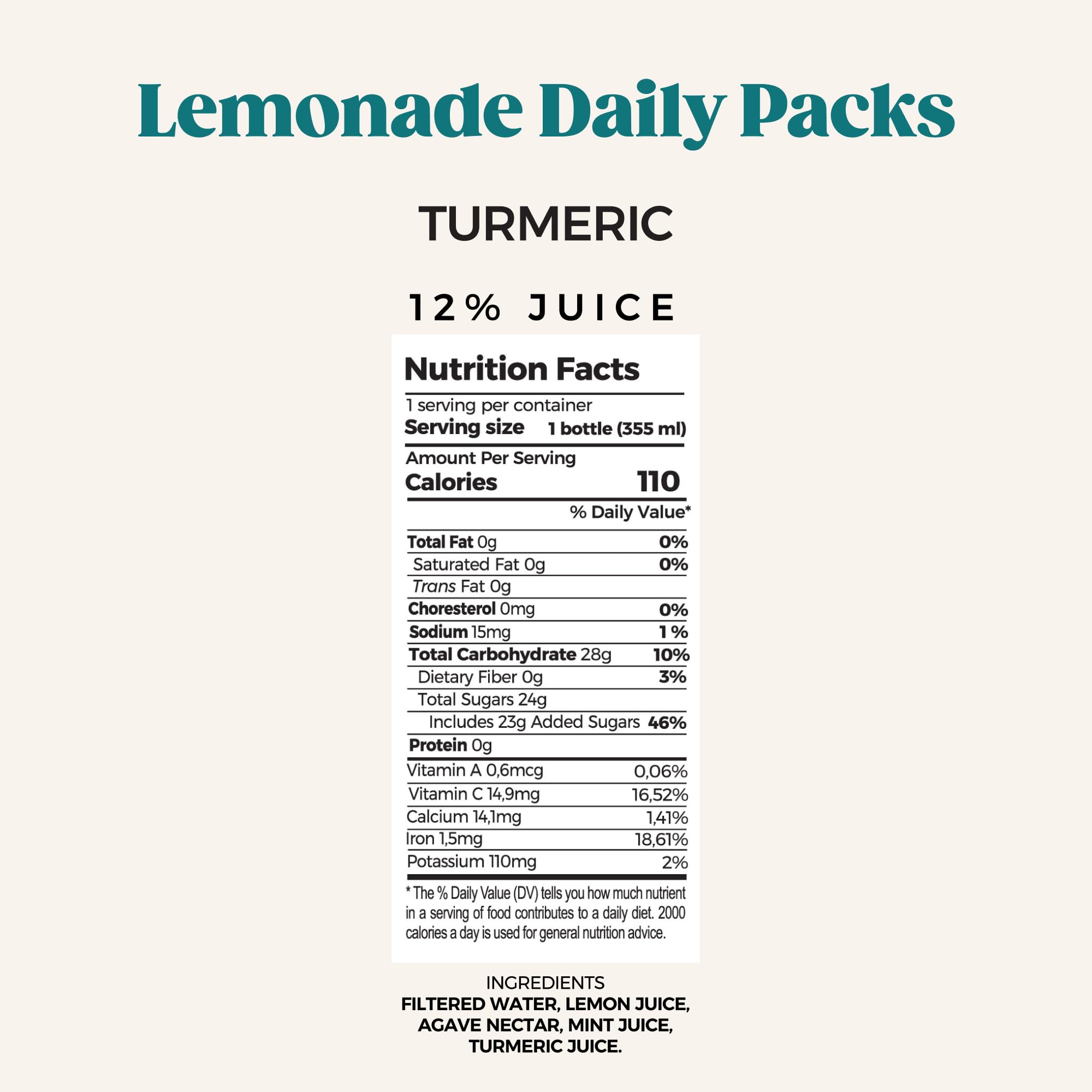PUR Cold-Pressed Juices - Lemonade Daily Packs - 18 Bottles of Natural Lemonade with Turmeric and Agave - Hydrating & Refreshing Beverage Drink