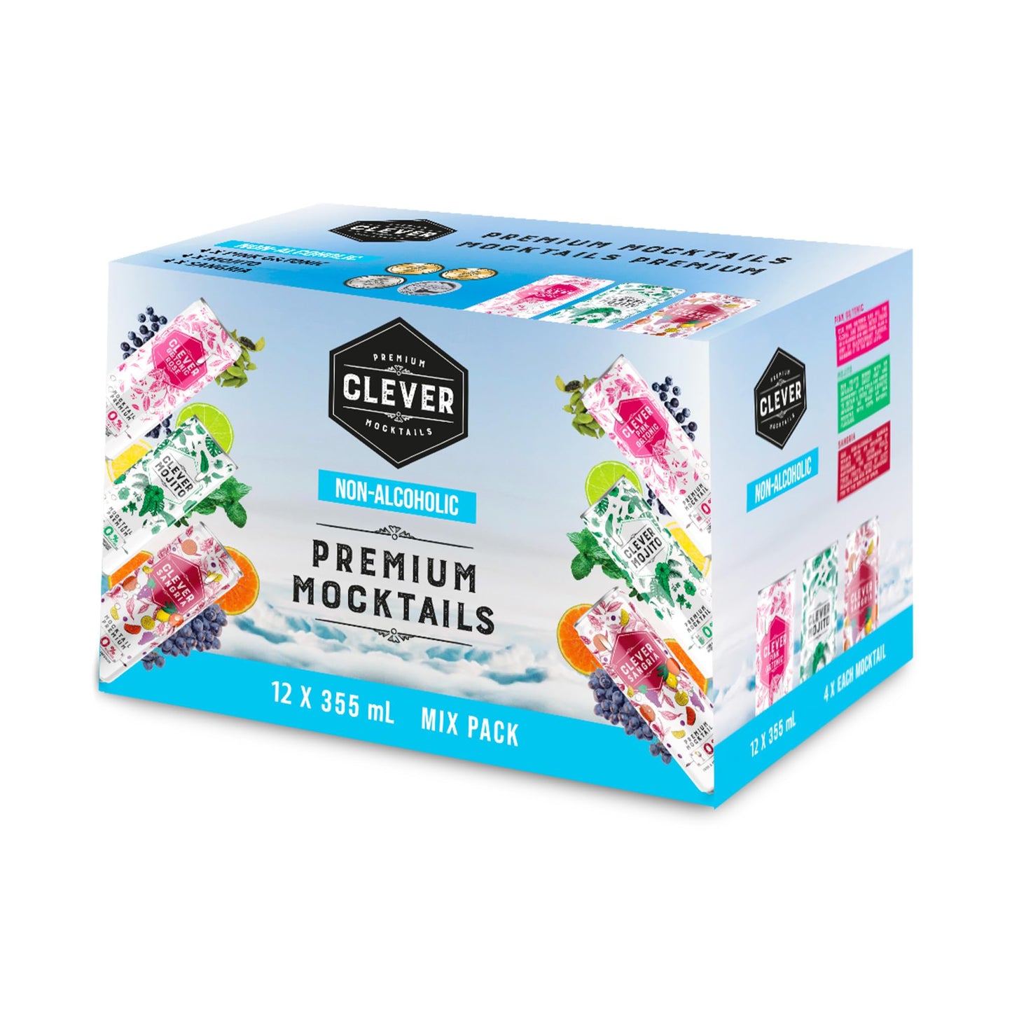 CLEVER - Nonalcoholic Mocktails Mix Pack, 3 Mocktails Non-alcoholic Drinks: Mojito, Sangria & Pink G & Tonic, Low-Calorie All-Occasion Refreshing