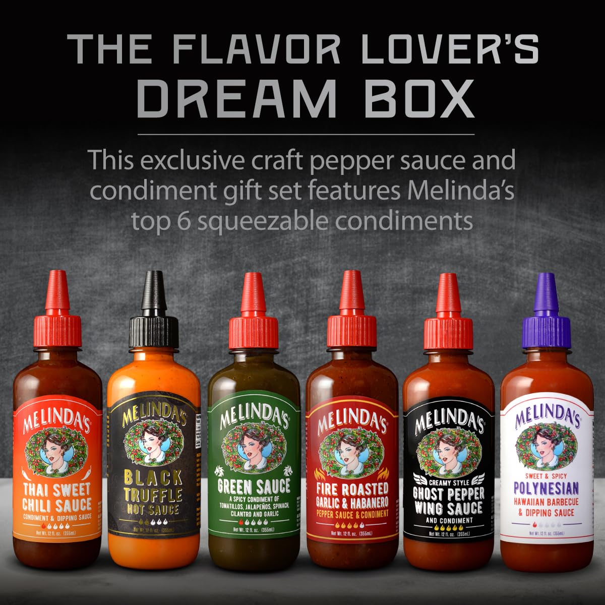 Melinda’s - A Taste of Melinda’s Collection - Craft Pepper Sauce and Condiment Gift Set - Includes Black Truffle, Thai Sweet Chili, Roasted Garlic