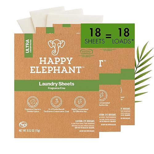 Happy Elephant Laundry Detergent Sheets, Fragrance Free, Natural Biodegradable Laundry Sheets, Plant Based, Tough on Stains, Gentle on Skin