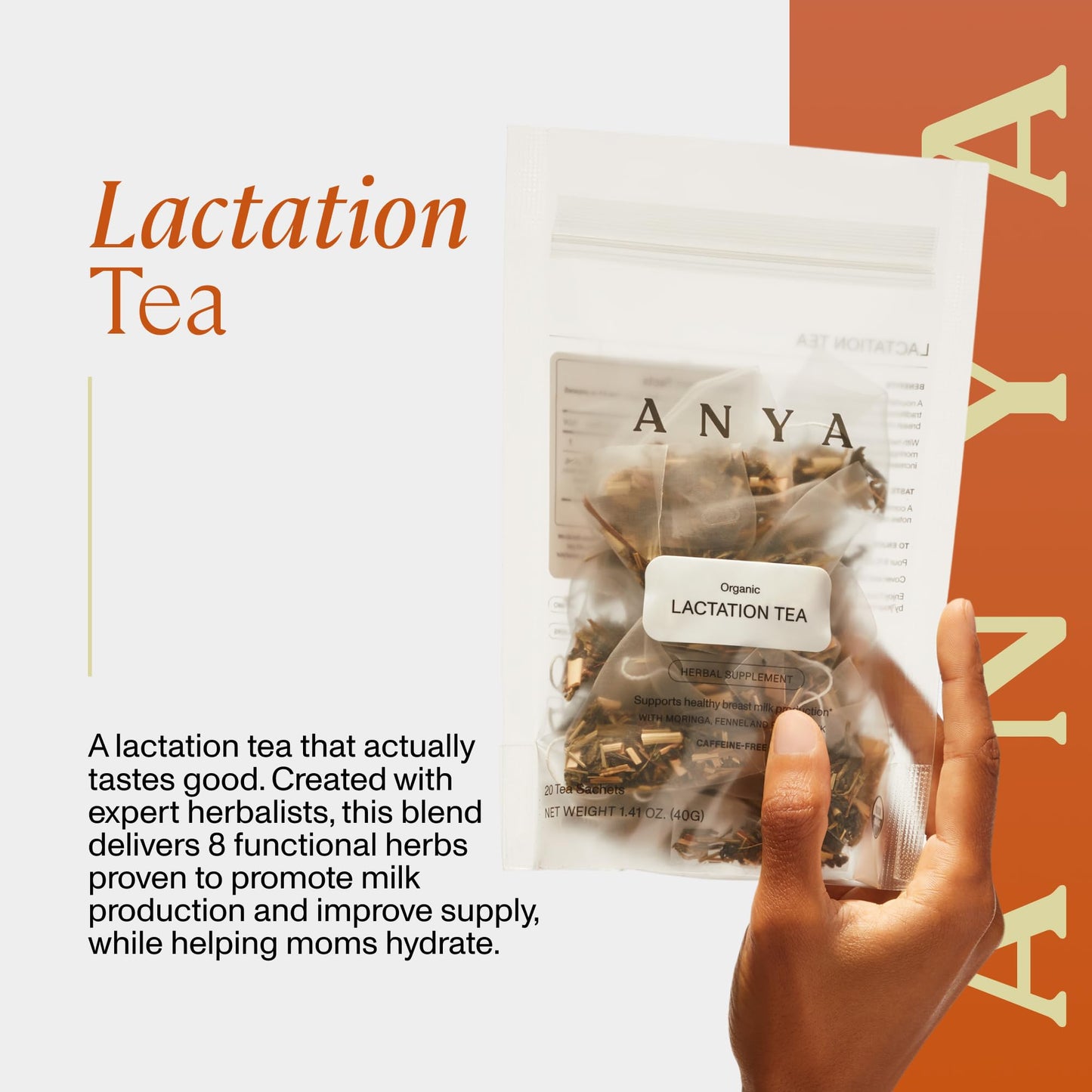 ANYA Herbal Lactation tea, 20 bags - Ginger, Moringa, Fenugreek, Toxicologist-approved, Breastfeeding Safe. Organic Essentials hydration