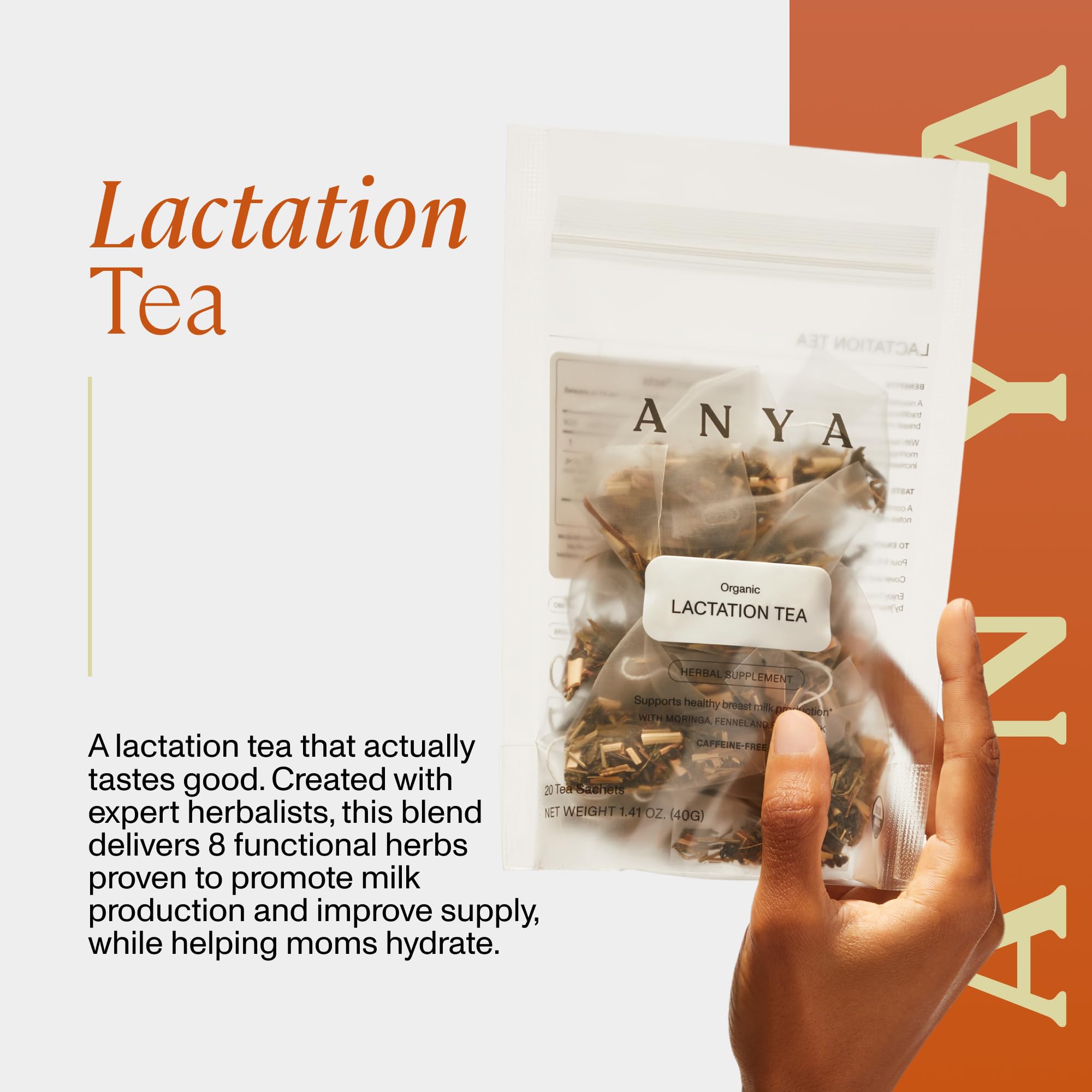 ANYA Herbal Lactation tea, 20 bags - Ginger, Moringa, Fenugreek, Toxicologist-approved, Breastfeeding Safe. Organic Essentials hydration