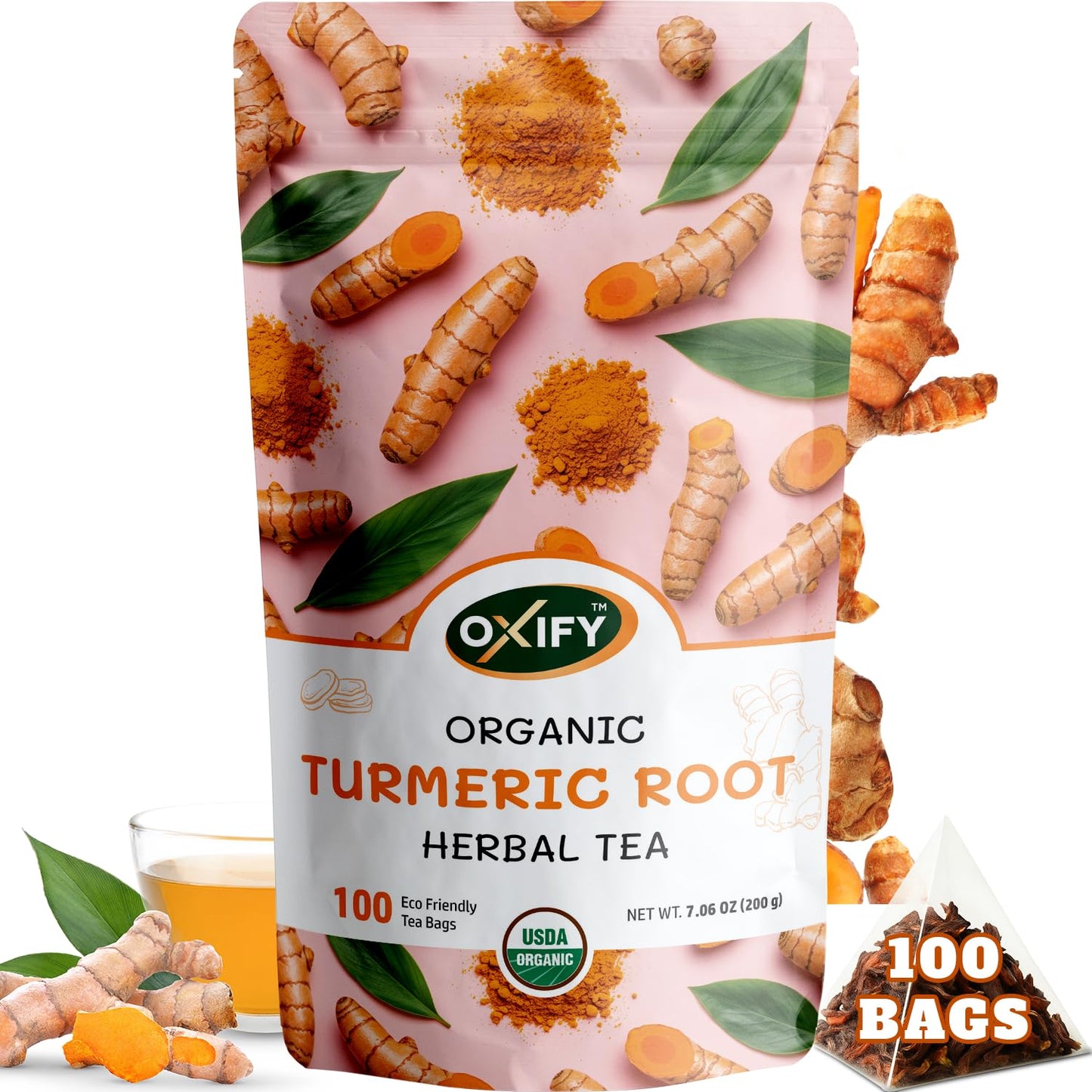 Oxify Organic Turmeric Root Herbal Tea - 100 Eco Friendly Tea Bags (100 Tea Bags, Turmeric)