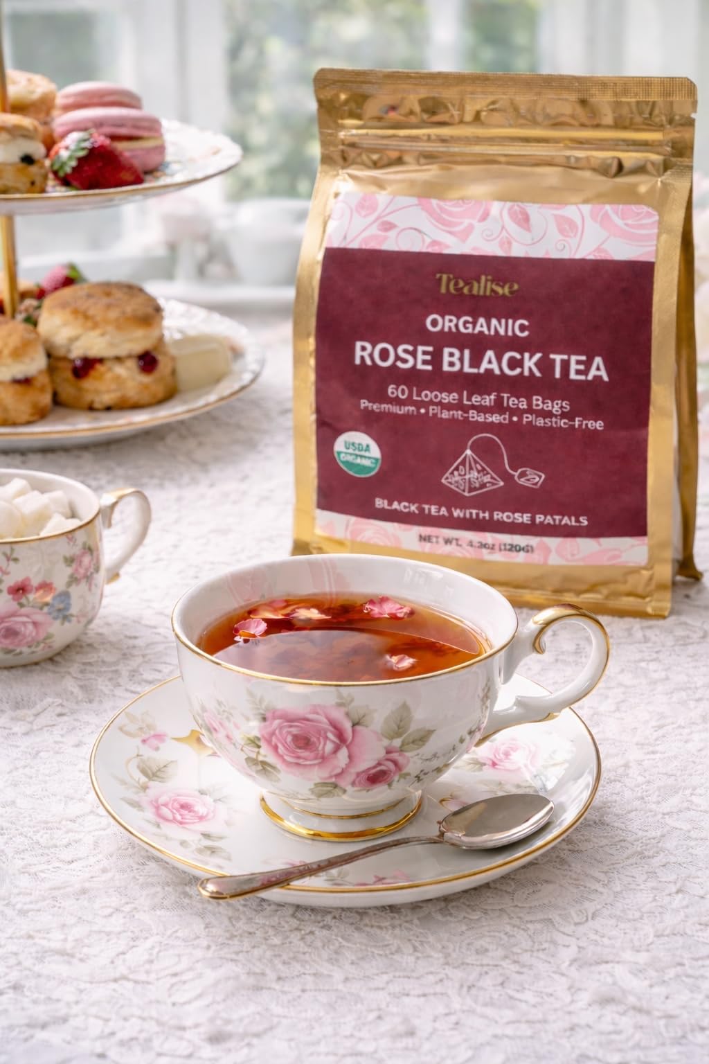 Organic Rose Black Whole Leaf Pyramid Tea Bags - USDA Organic, Plant-Based & Plastic-Free Tea Bags, Smooth Floral Black Tea, 60 Count by Tealise