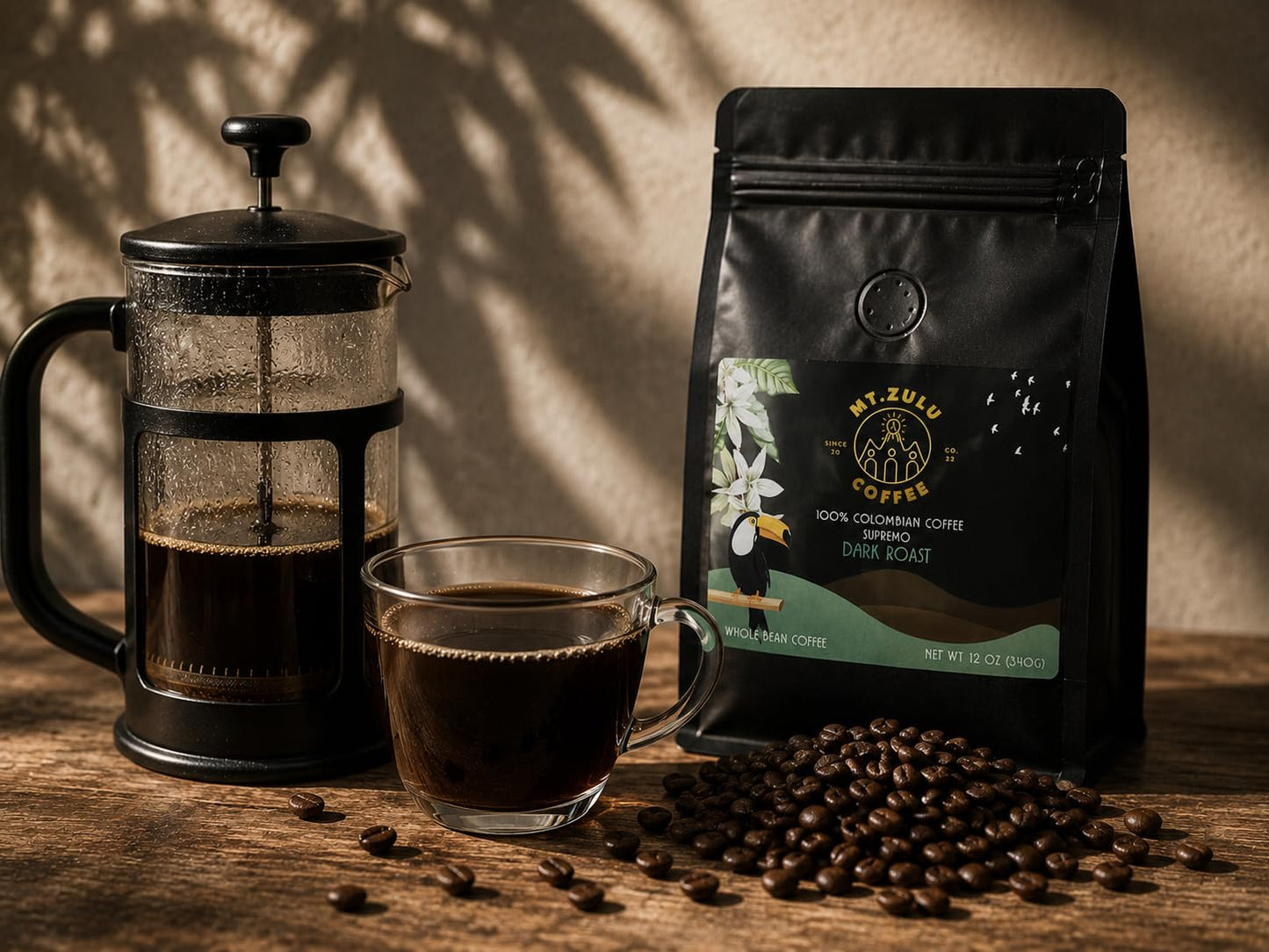Mt. Zulu Colombian Supremo Dark Roast Coffee - Whole Bean, Single Origin from Caldas, Bold & Smooth, Low Acid, Artisanally Roasted - 12 oz Bag
