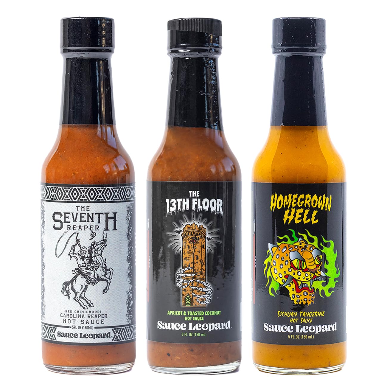 Sauce Leopard Extra Hot Sauce Variety 3-Pack - The Seventh Reaper, The 13th Floor, Homegrown Hell - Ghost Pepper, Carolina Reaper, Spicy Gift Set, 5