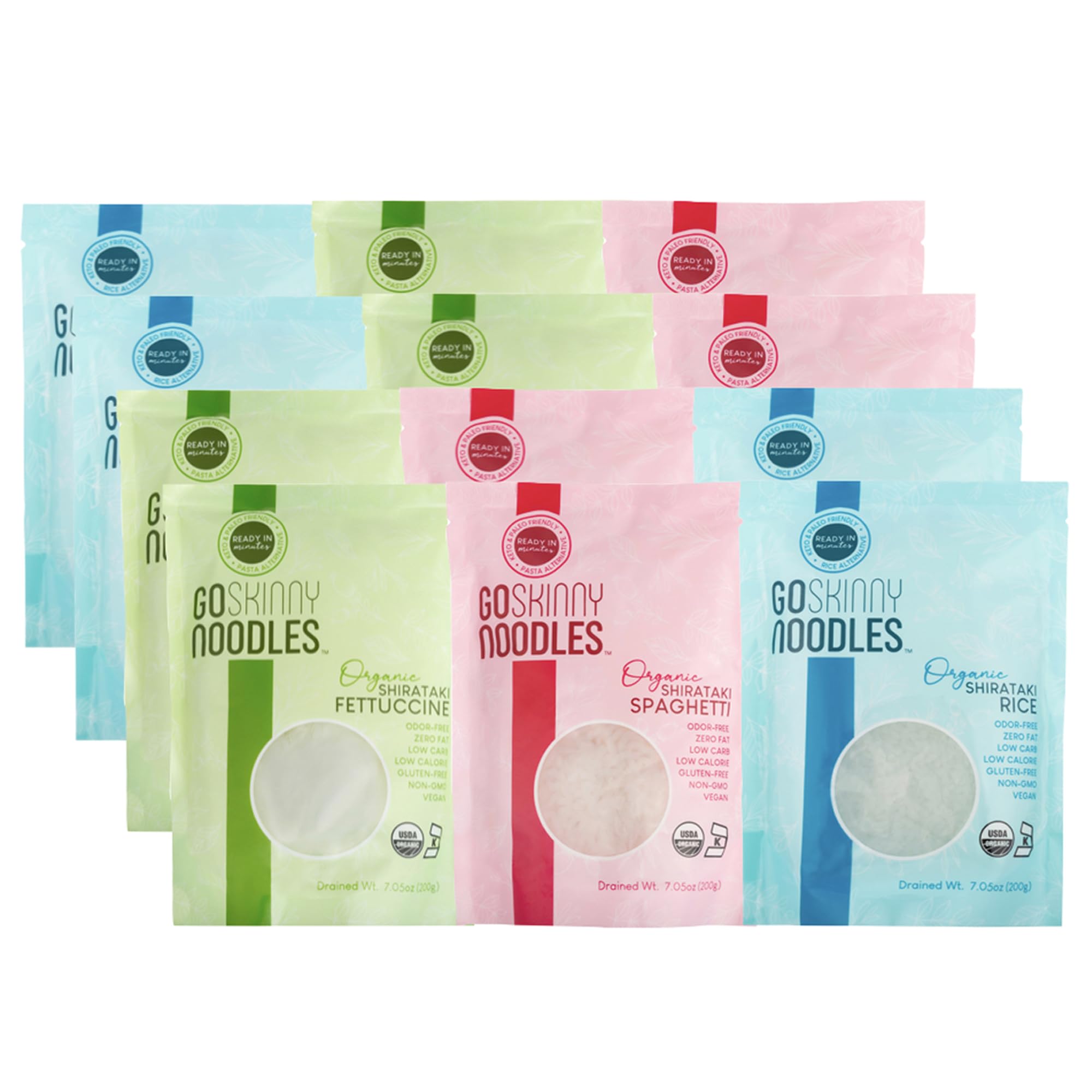 GoSkinny Noodles Combo (12 Pack), Spaghetti, Fettuccine and Rice, Organic Shirataki & Konjac, Low Carb, Low Calorie, Gluten Free, Vegan, Keto, Ready