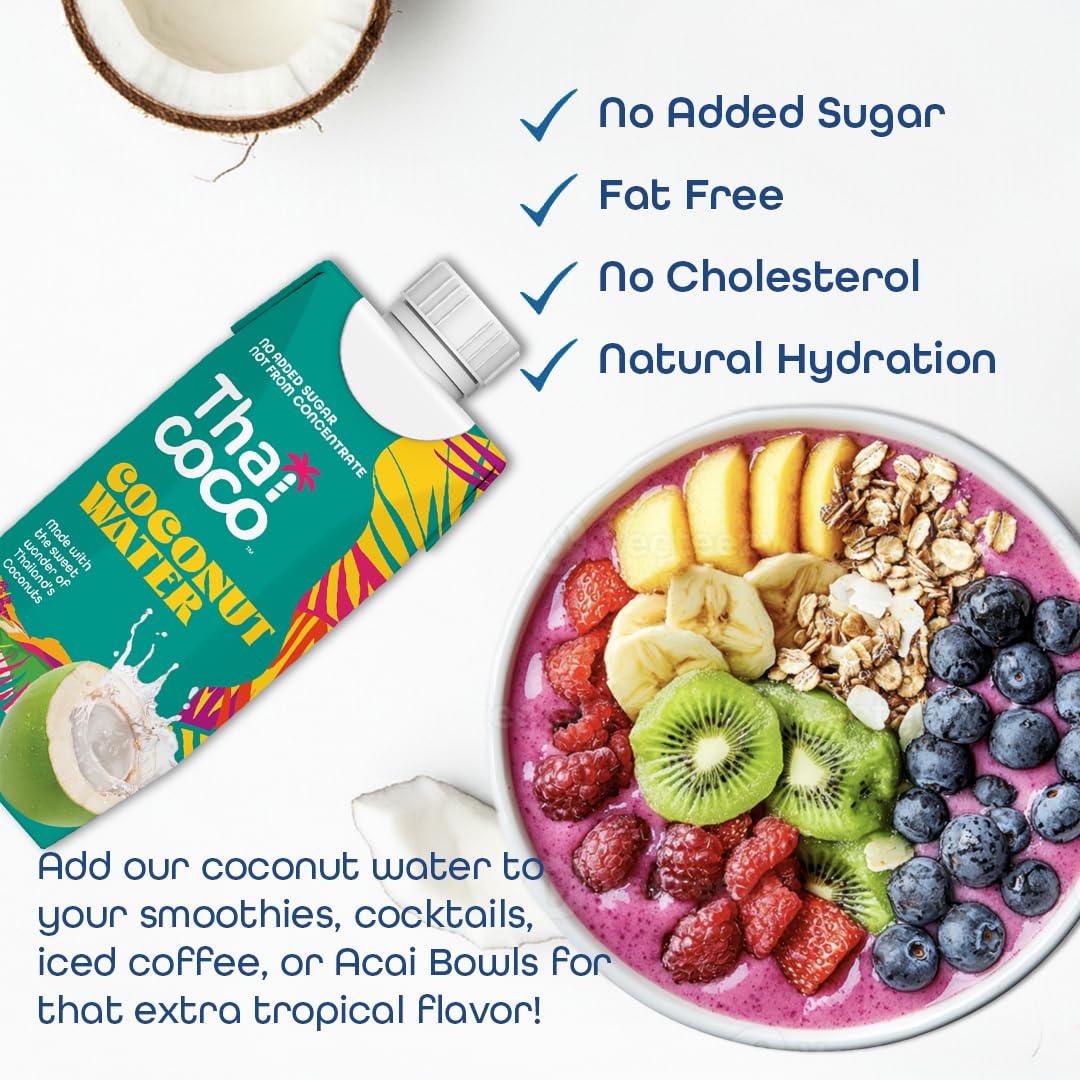 Thai Coco Organic Coconut Water, 100% Pure & Unsweetened, No Sugar Added, USDA Organic, Natural Electrolytes Hydration Drink, 11.2 fl oz Tetra Carton