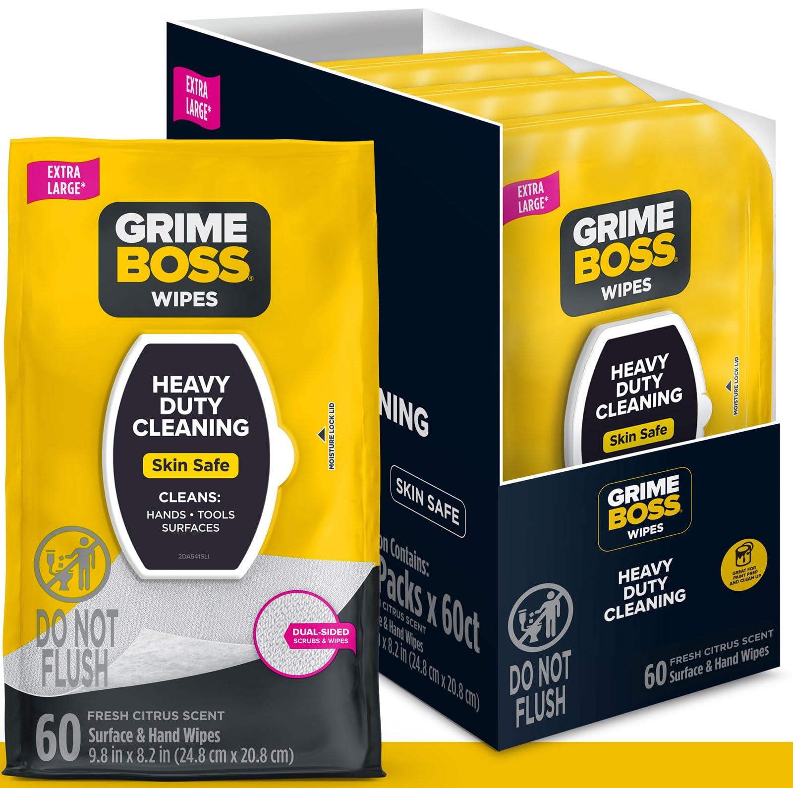 Grime Boss Heavy Duty Surface and Hand Wipes (4x60ct) | Wet Wipe Remove Paint, Oil, Grease, Adhesives, Mud, Dirt | Shop Rag Replace Cleaners like