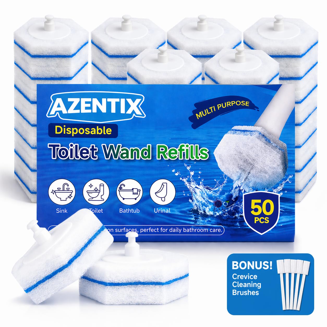 AZENTIX 50PCS Toilet Wand Refills - Compatible with Clorox Toilet Wand, Bathroom Bowl Cleaners, Disposable Brush Replacement Head Scrubbers, Scrubbing