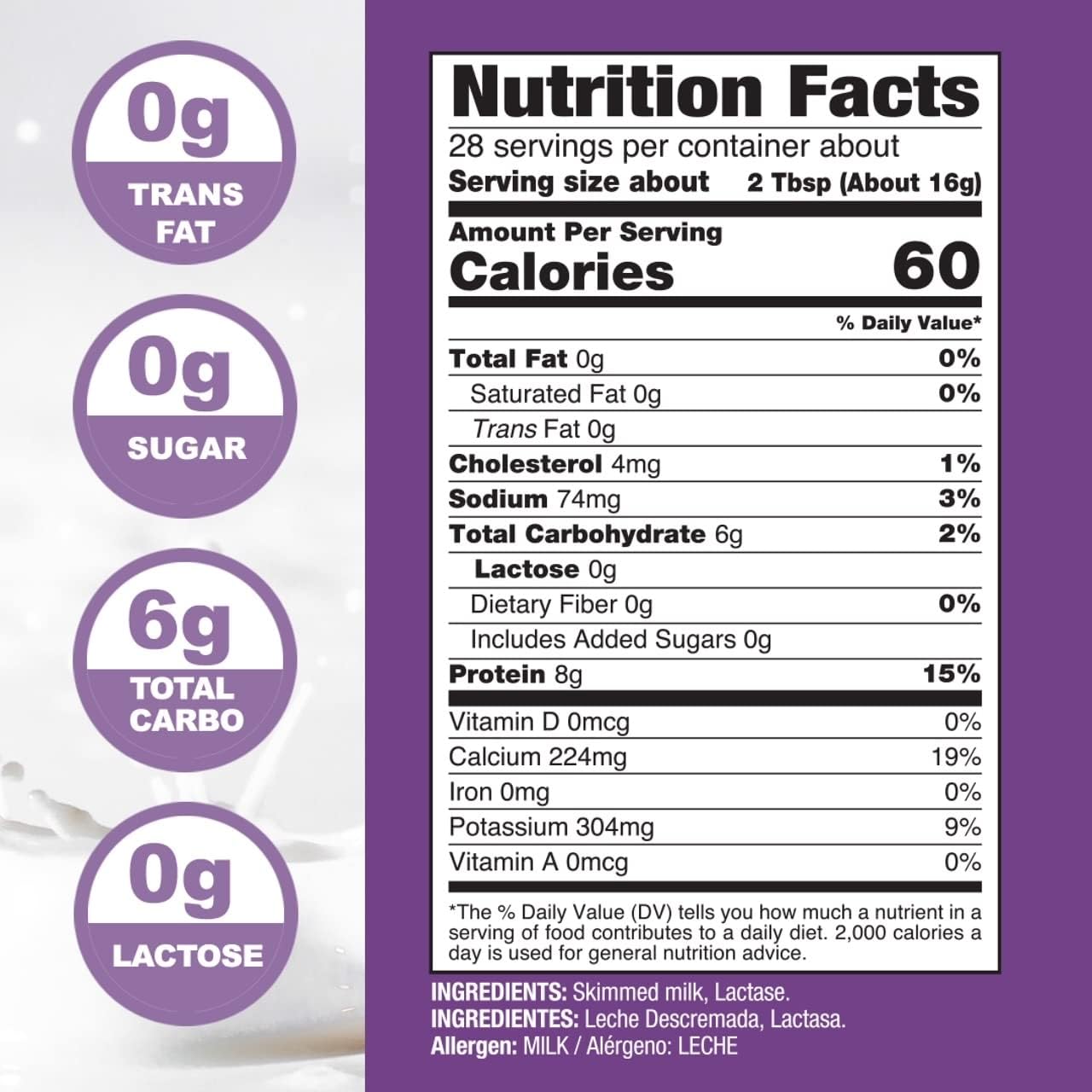 Nonfat Dry Milk Powder for Baking & Coffee 16oz - Fat Free & Lactose Free Powder for Adults, Non-GMO, rBST Hormone-Free, Good Source of Protein and Calcium, Substitute For Liquid Milk (1 Pack)