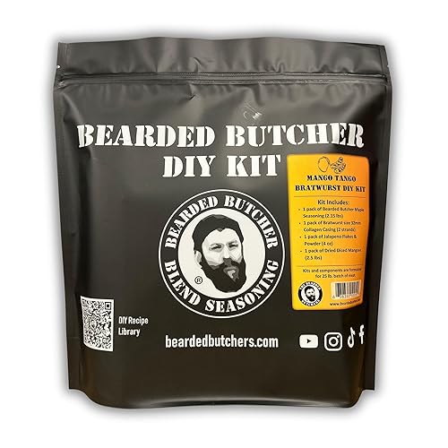 Bearded Butchers Mango Tango Bratwurst DIY Kit - Make Sweet and Spicy Homemade Brats - Includes Maple Sugar Seasoning, 32mm Collagen Casings, Jalapeño