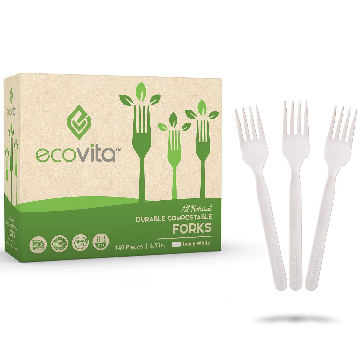 100% Compostable Forks - 140 Large Disposable Utensils (7 in.) Eco Friendly Durable and Heat Resistant Alternative to Plastic Forks with Convenient