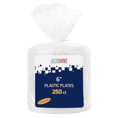 BluShine 250 Pack - 6 Inch White Plastic Plates Disposable Strong and Sturdy
