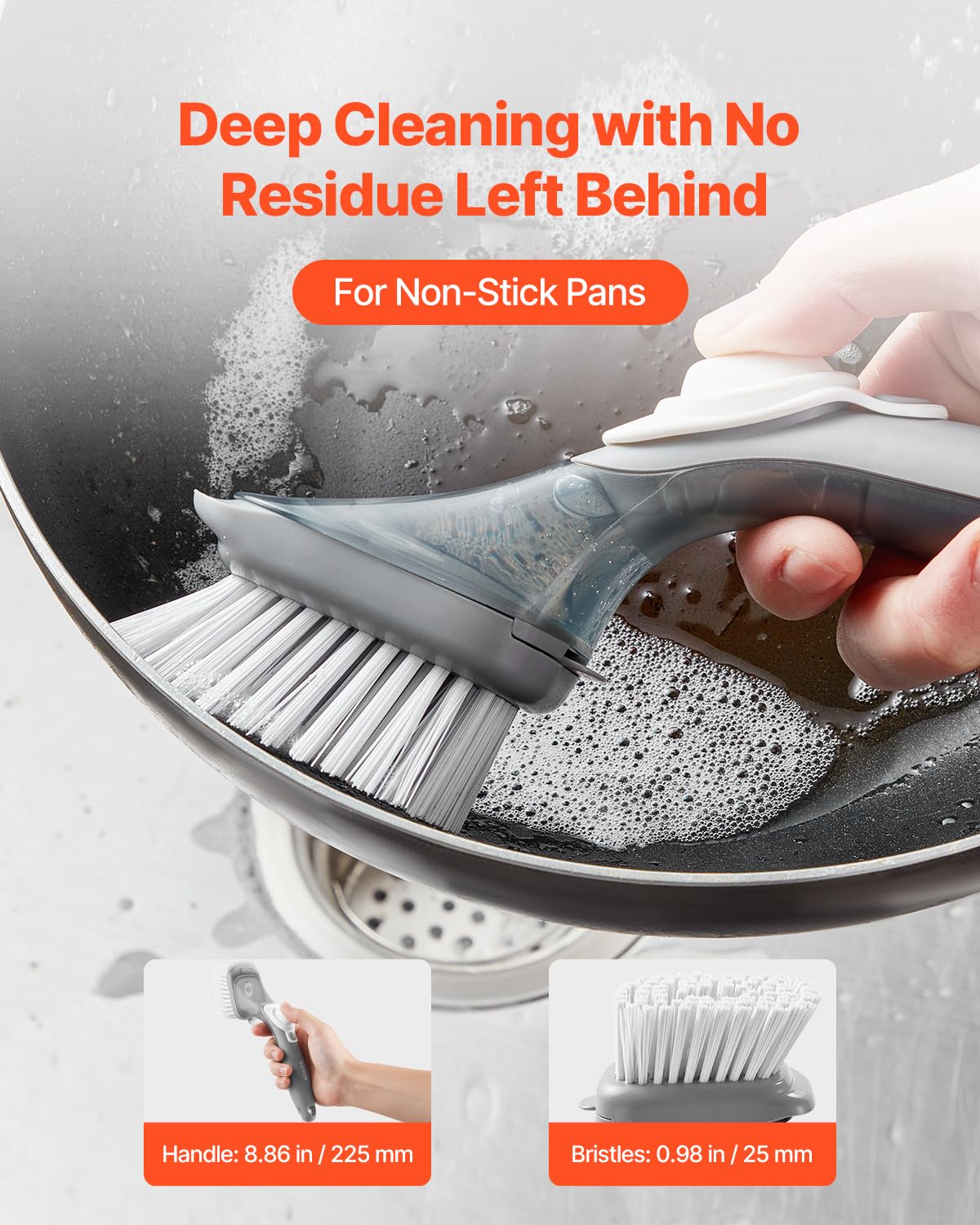 VEVOR Soap Dispensing Dish Brush, Kitchen Scrub Brushes with 3 Brush Heads, Dish Cleaning Brushes with PP Handle and Curved Bristles, Ideal for Pots