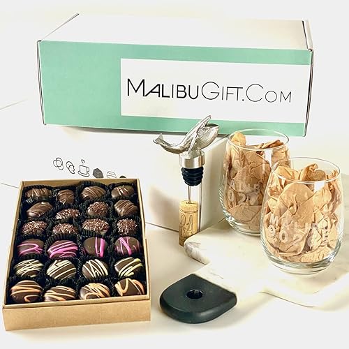 Gourmet Chocolate Candies and Wine Accessory Gift Box. 1 lb of Dark Chocolate Gourmet Truffle Cream Candies, a Whale Aerator and Pourer, two Etched