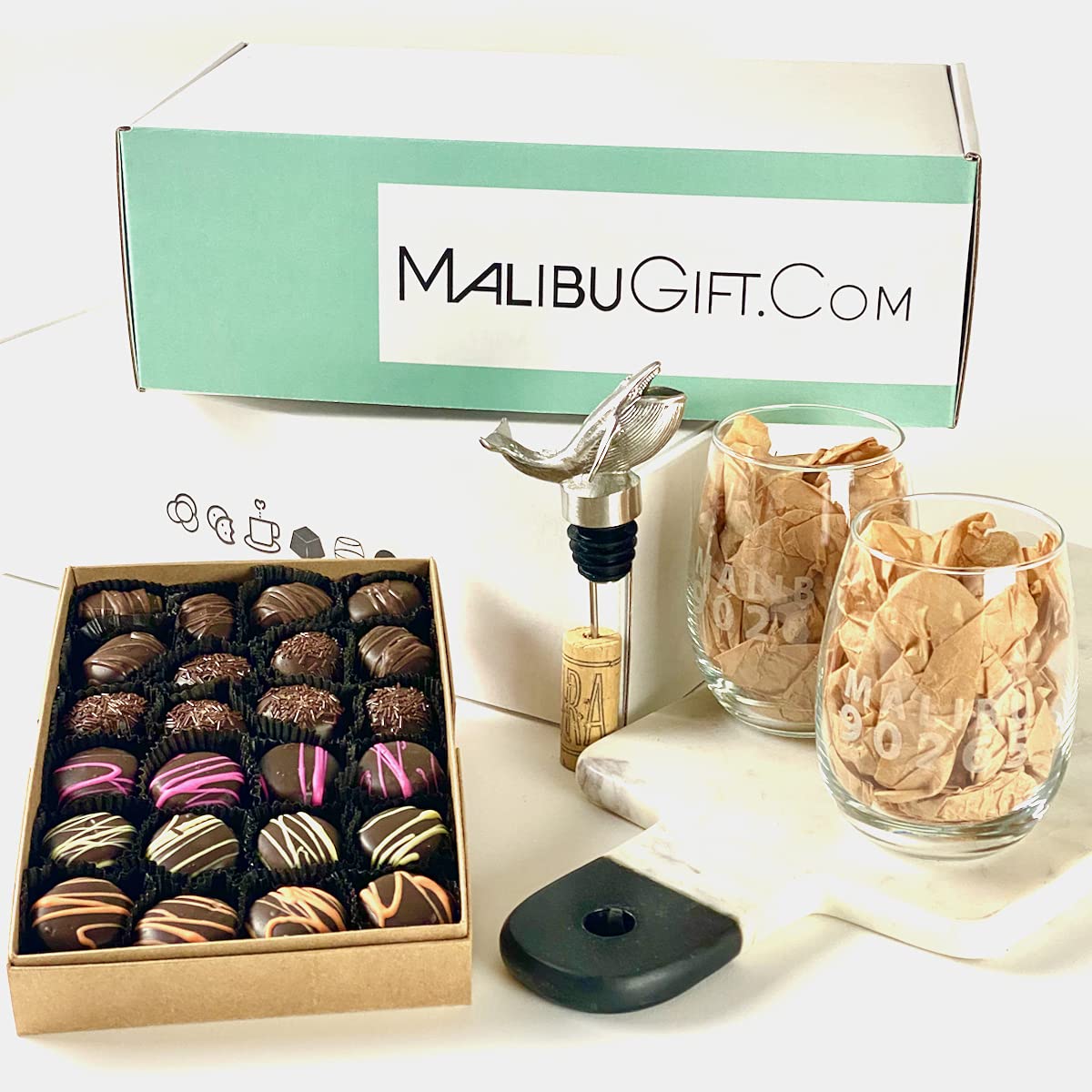 Gourmet Chocolate Candies and Wine Accessory Gift Box. 1 lb of Dark Chocolate Gourmet Truffle Cream Candies, a Whale Aerator and Pourer, two Etched