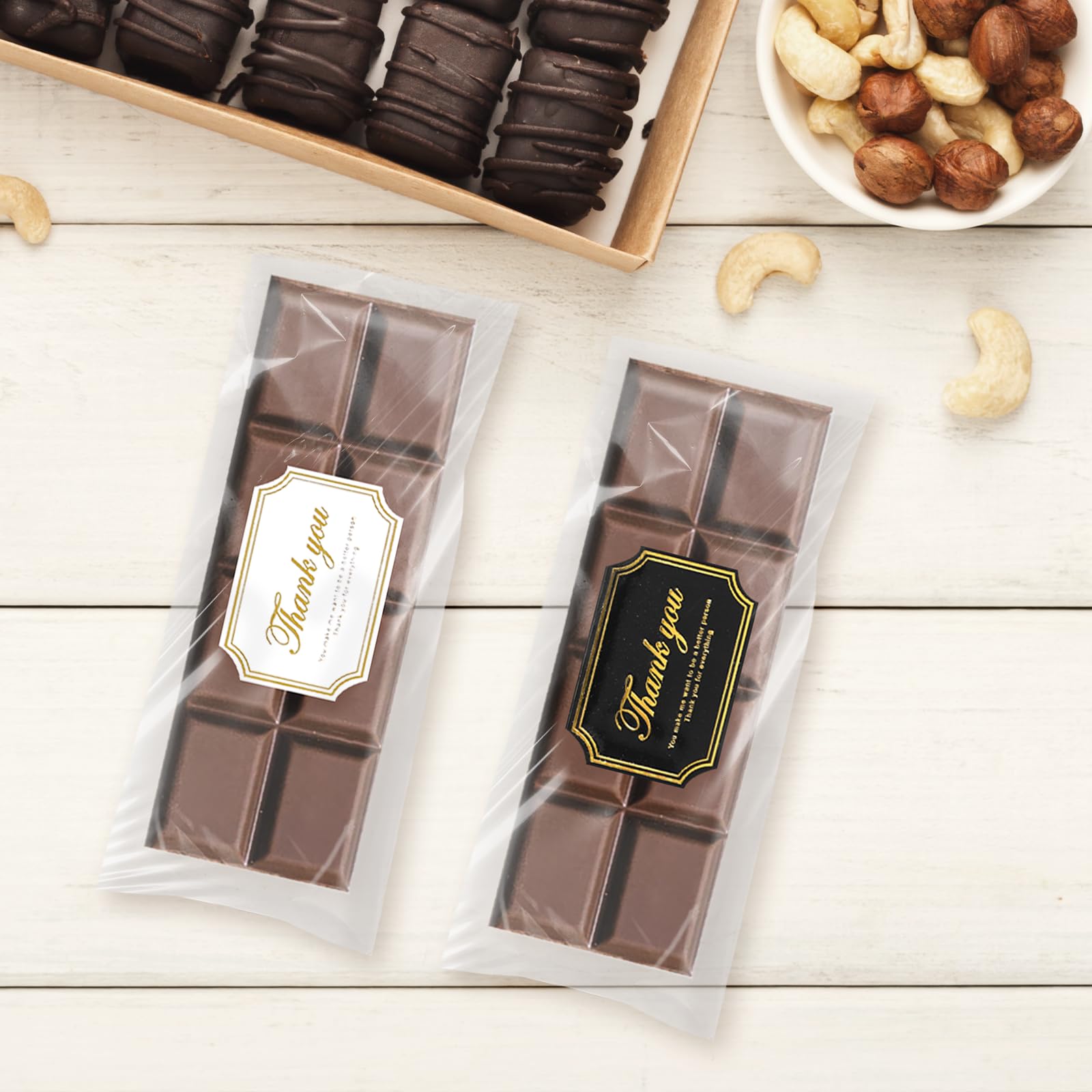 Qiuruoo 200 Pcs Chocolate Bar Wrappers with 200 Pcs gold foil Thank You Stickers - 3.2 x 4.5 Inch Candy Bar Wrappers - Self Adhesive Small Plastic Wax