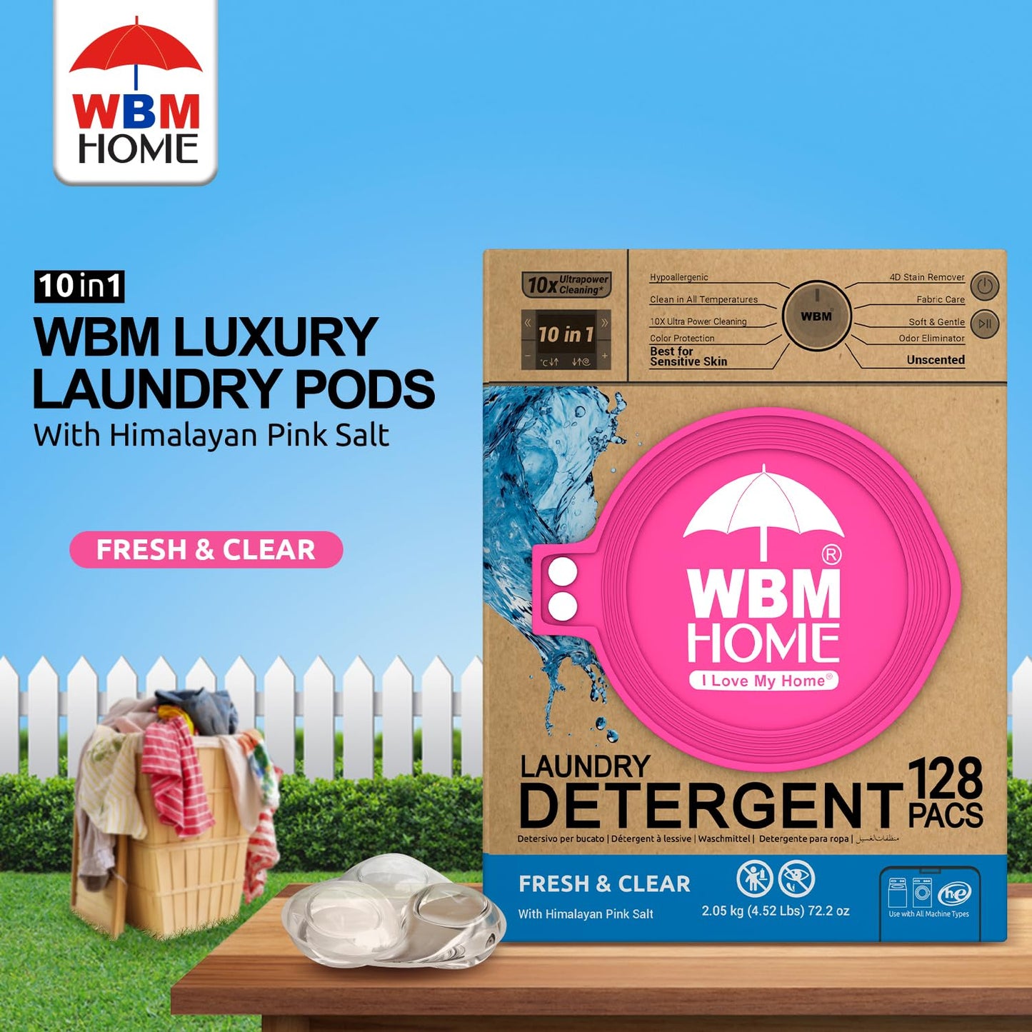 WBM Laundry Detergent Pods, 128 Count | Fresh & Clear Unscented | Laundry Pods 10x Ultrapower Cleaning With Color Protection and Eco-Friendly