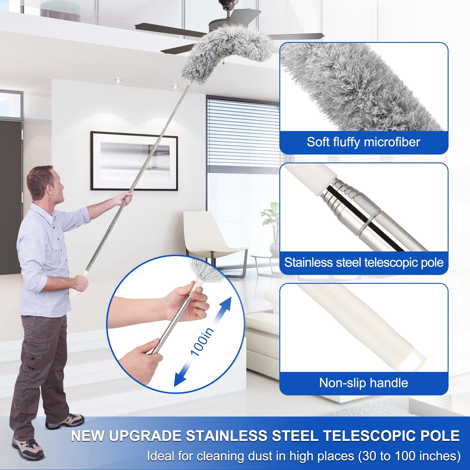 Microfiber Duster with Extension Pole(Stainless Steel) 30 to 100 Inches, Washable Dusters, Reusable Dusters, Bendable Duster for High Ceiling