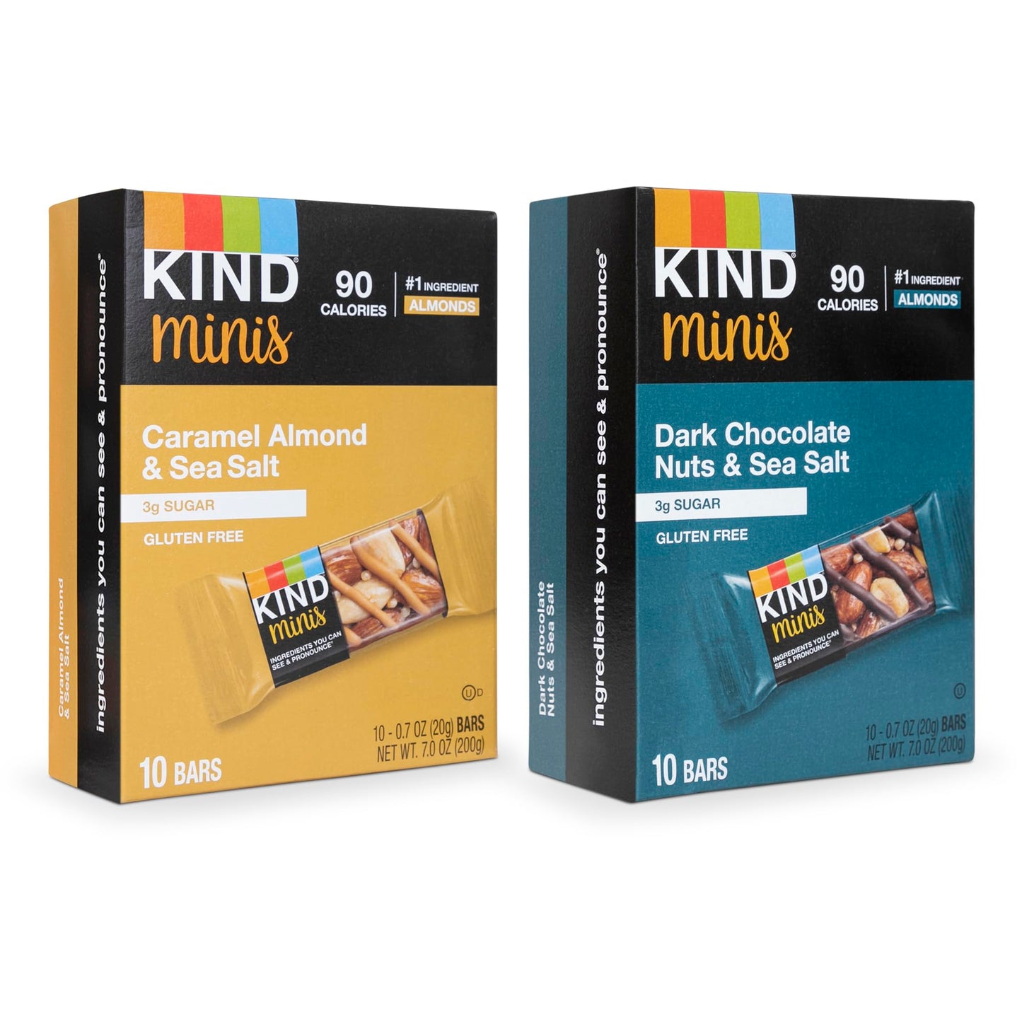 Kind Minis, Variety Pack. Contains 1 Caramel Almond & Sea Salt, and 1 Dark Chocolate Nuts & Sea Salt, Low Calorie, Gluten Free, Low Sugar, Healthy