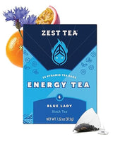 Zest Energy Tea Bags - Blue Lady Passion Fruit Black Tea - High Caffeine Tea for Morning Energy, Focus & Clarity - Natural Caffeinated Tea with 150mg