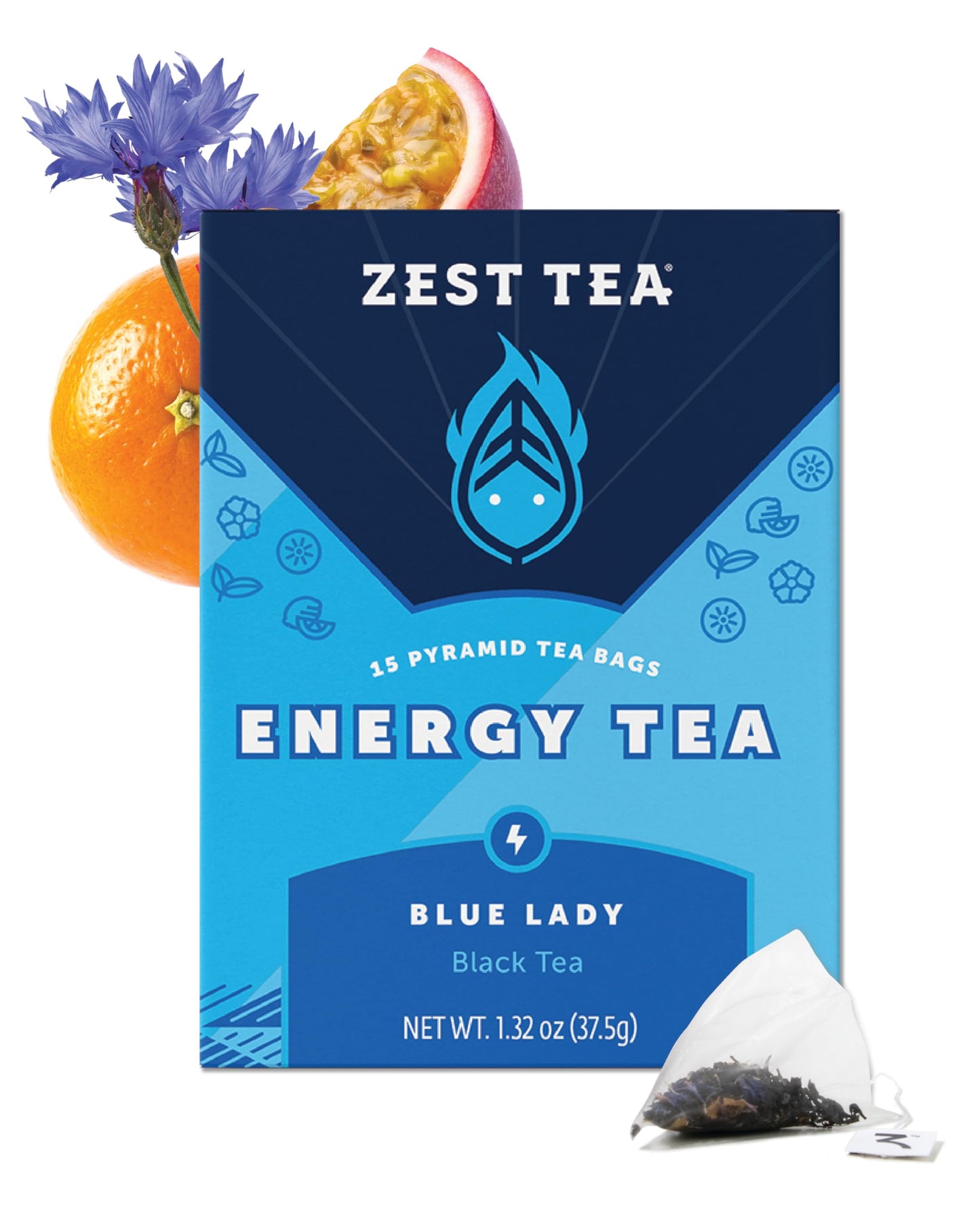 Zest Energy Tea Bags - Blue Lady Passion Fruit Black Tea - High Caffeine Tea for Morning Energy, Focus & Clarity - Natural Caffeinated Tea with 150mg